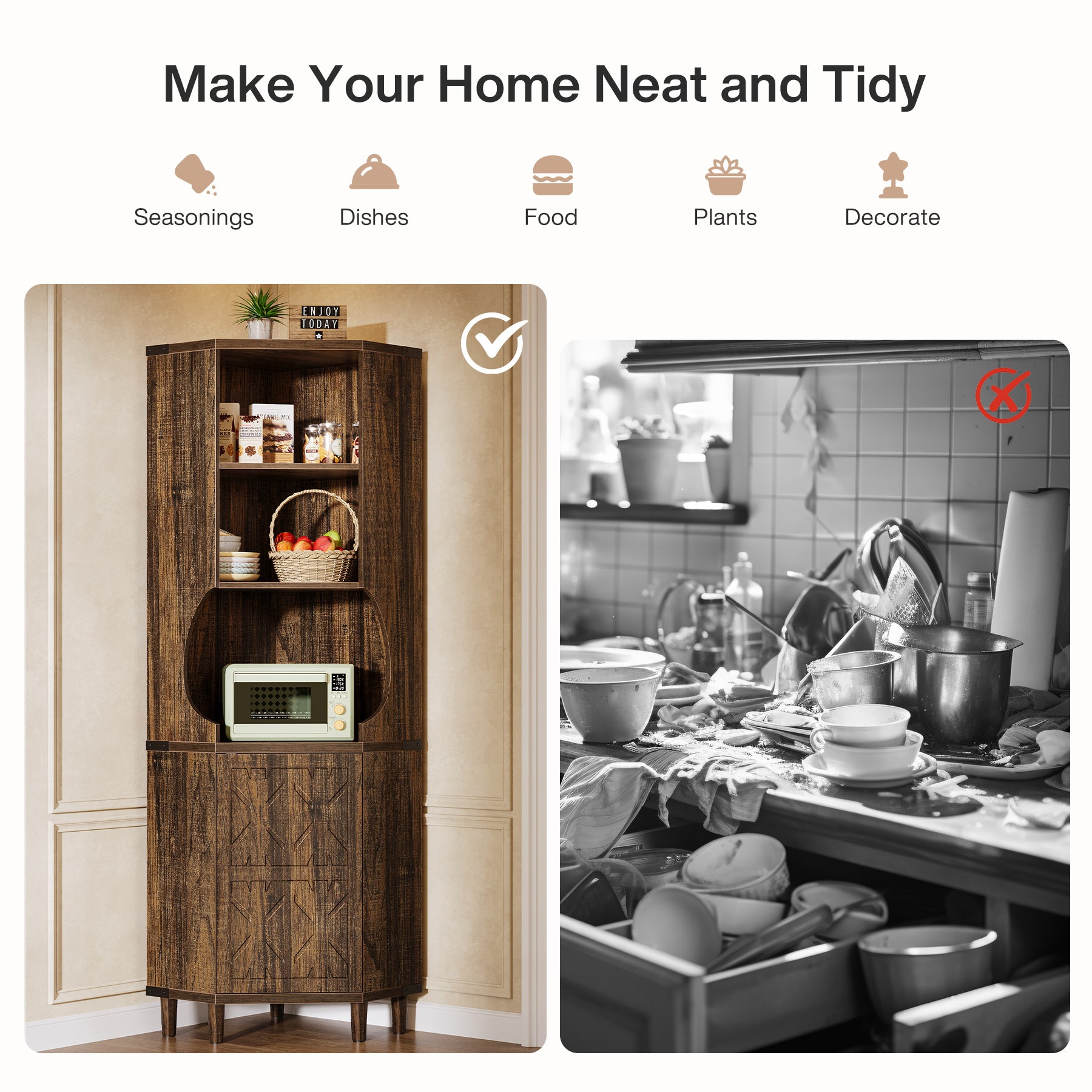 69.29" Corner Cabinet, Kitchen Pantry with Doors and Adjustable Shelves