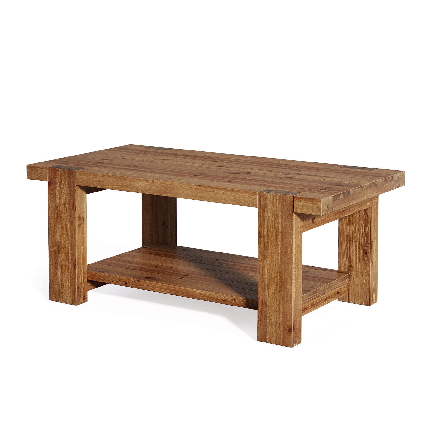 47.2" Solid Wood Coffee Table, Rectangle Center Table with 2-Tier Storage Shelf