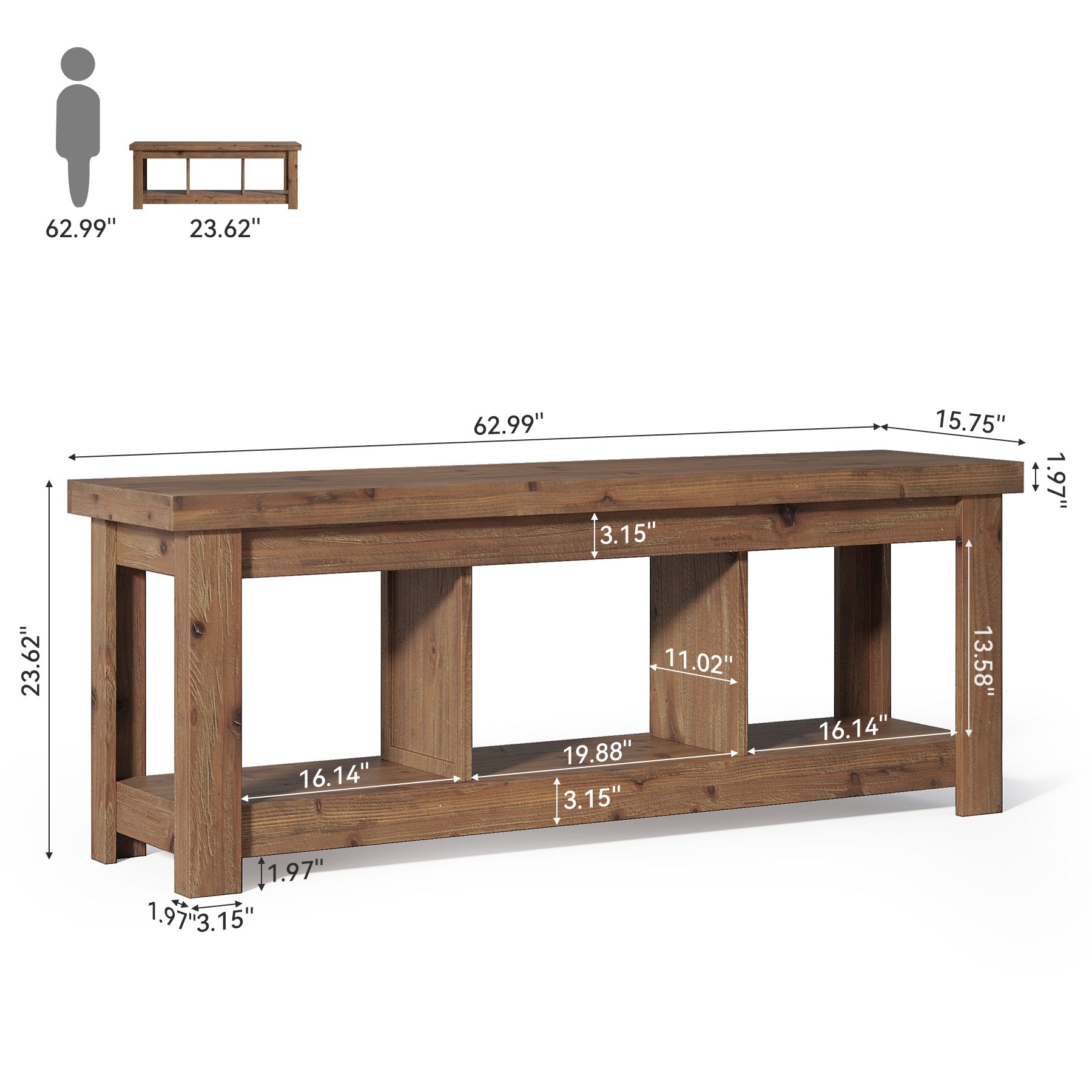 Solid Wood Console Table, 63" Sofa Entryway Table With 3 Open Shelves