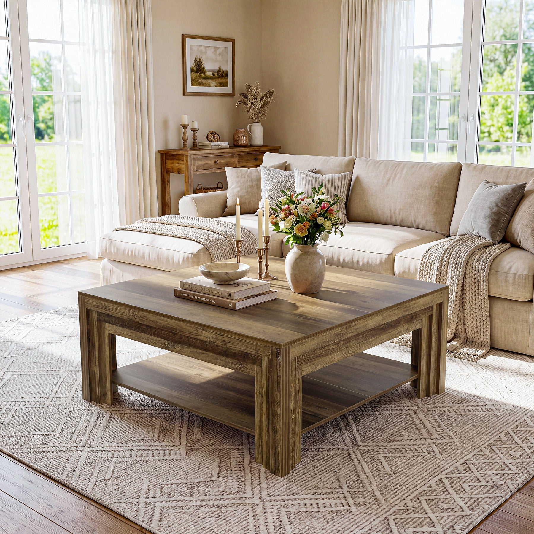 Farmhouse Square Coffee Table with Shelf