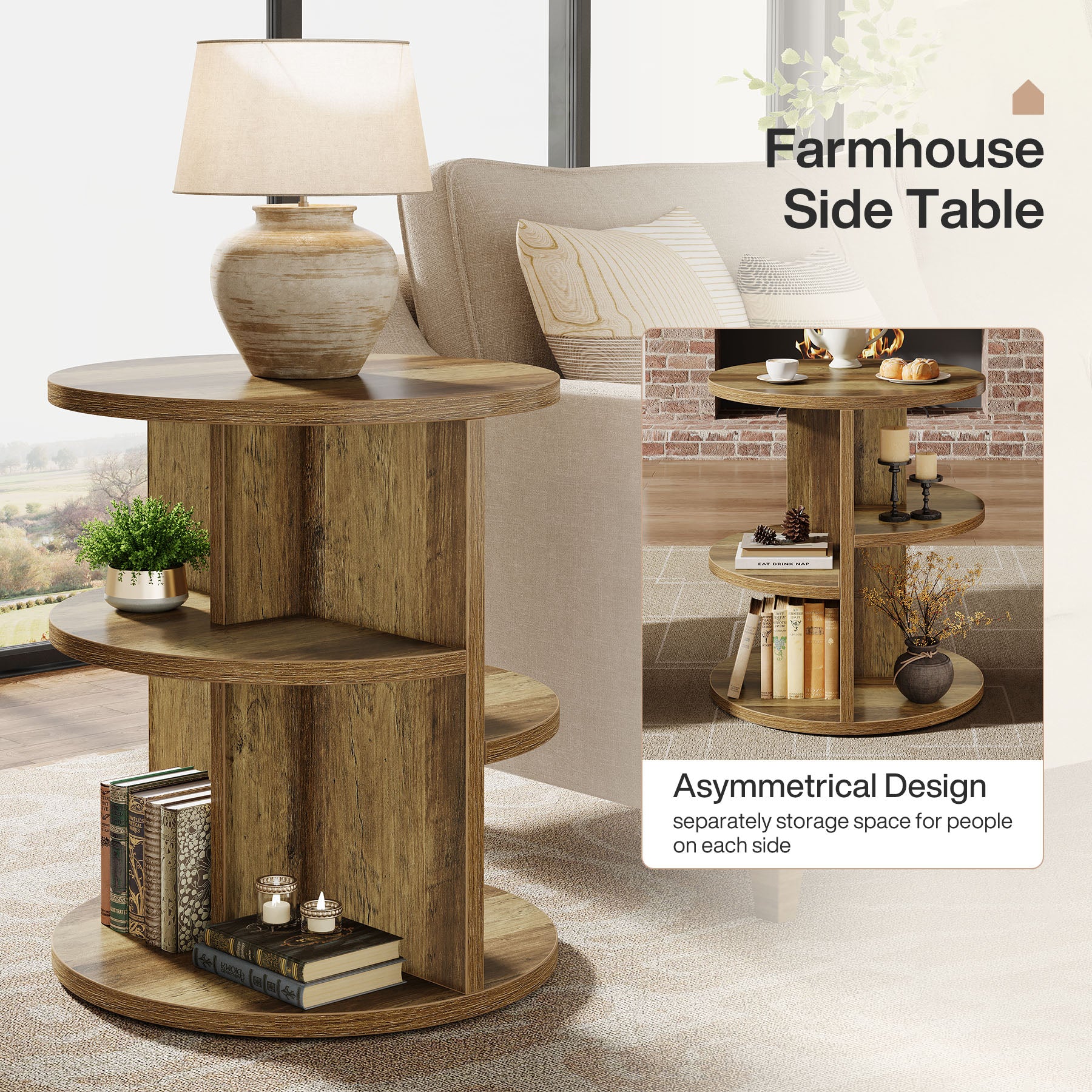 Round End Table, 23.6" Side Table with 3 - Tier Storage Shelf Tribesigns