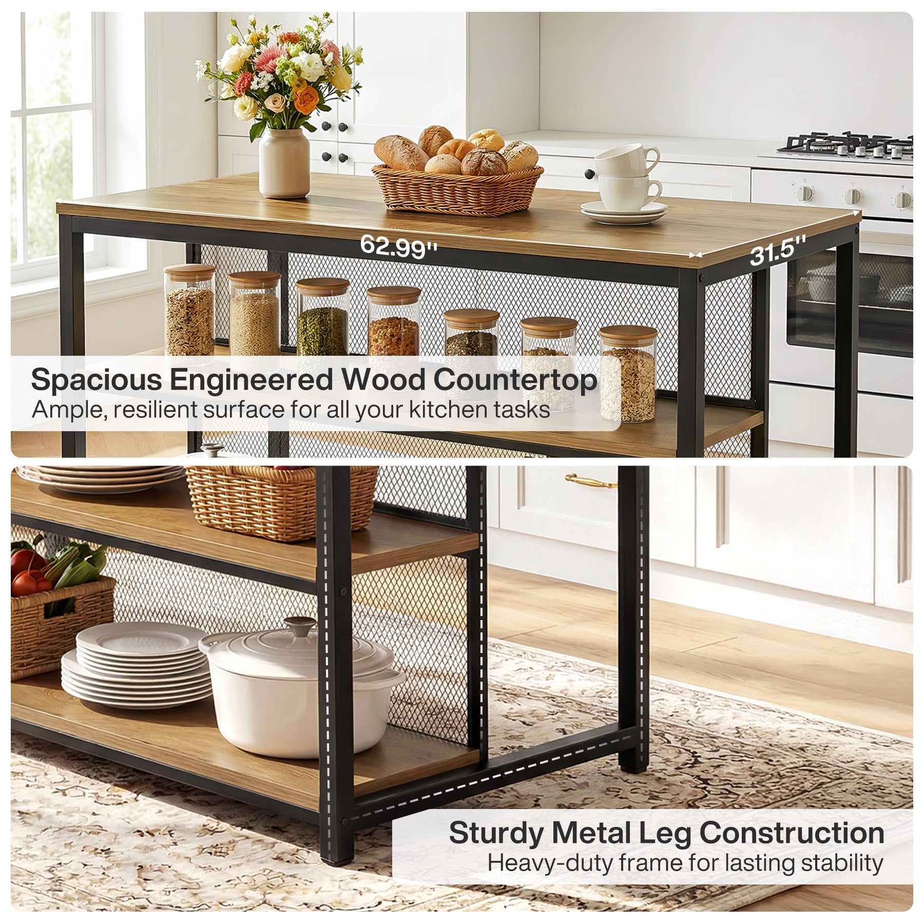 63" Industrial Kitchen Island, Stationary Island Coffee Bar Table With Storage Shelves