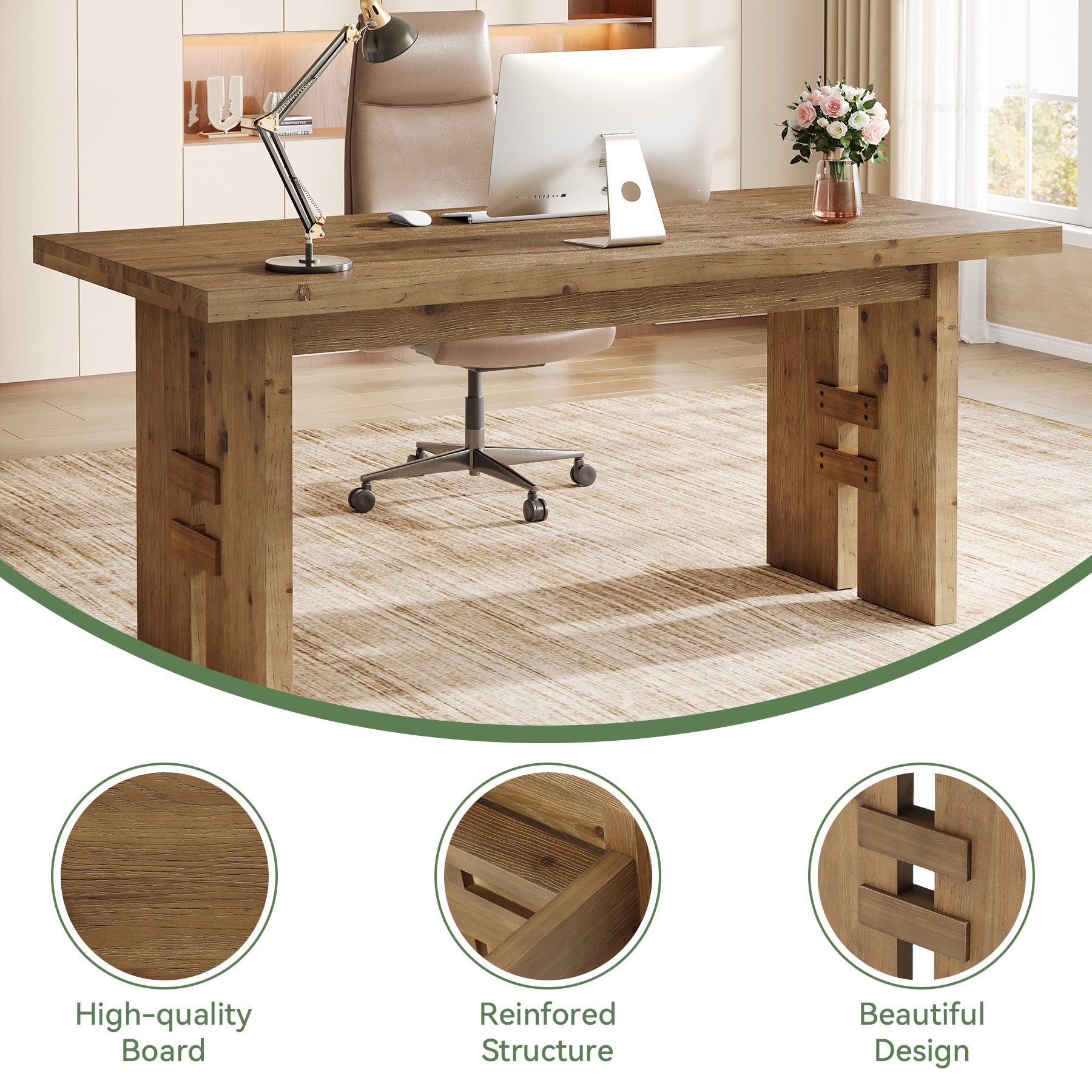 63" Solid Wood Executive Desk, Farmhouse Office Computer Desk with Large Work Surface