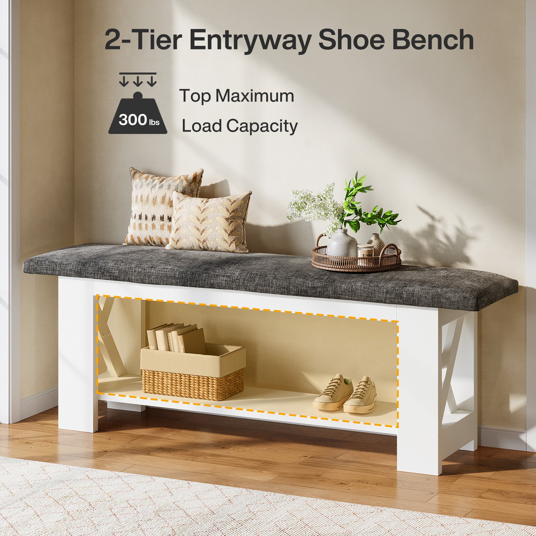 47" Entryway Bench with Padded Cushion, 2-Tier Shoe Rack Storage Bench