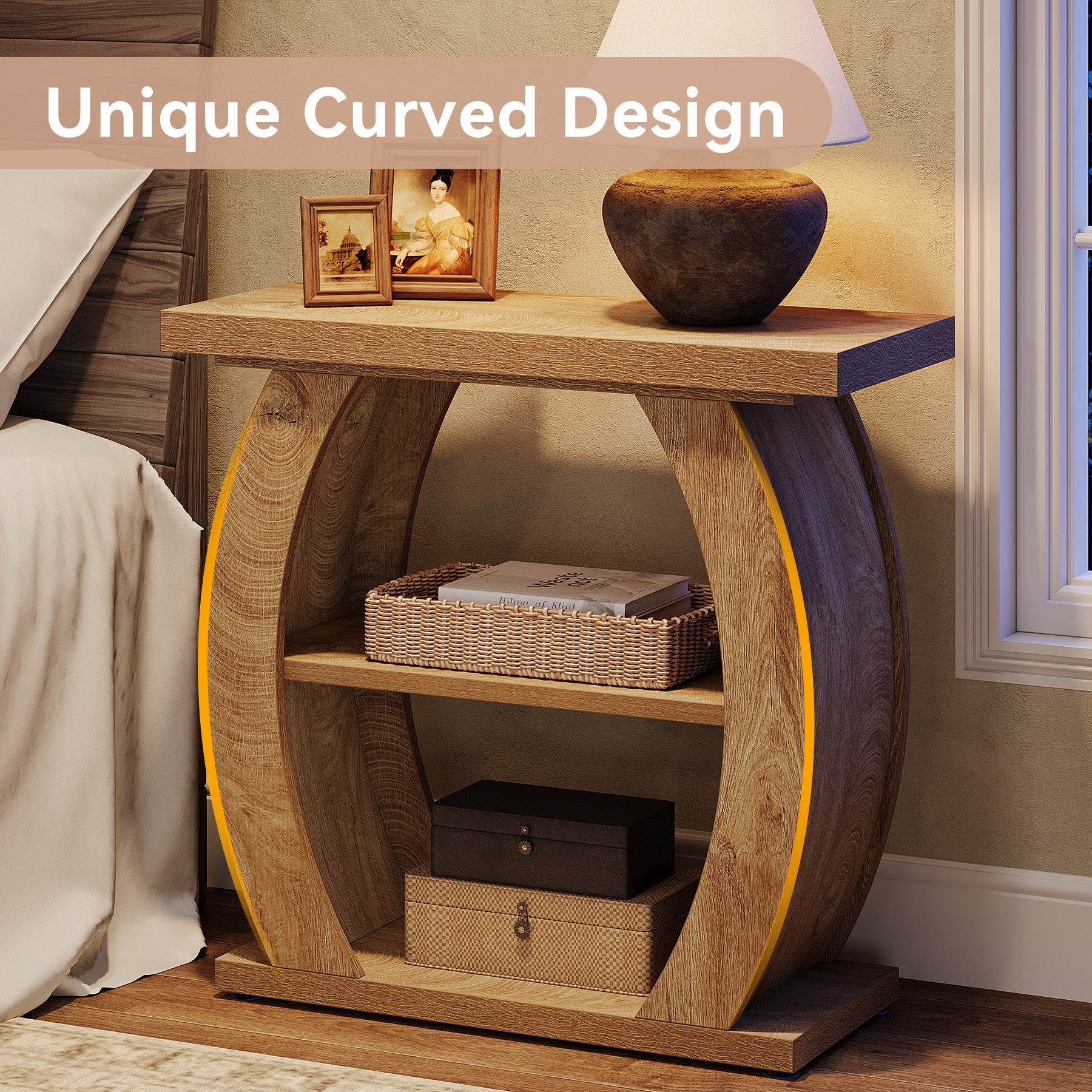 Narrow End Table, 2-Tier Farmhouse Side Table with Curved Frame