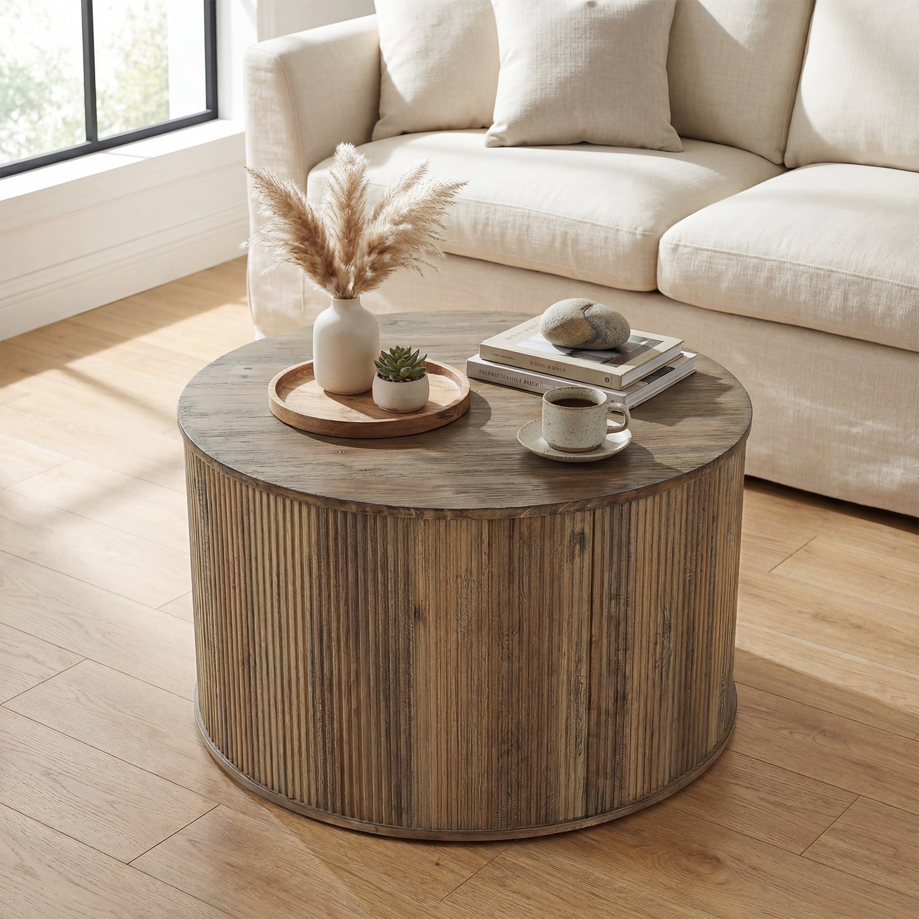 31.5" Round Coffee Table, Modern Center Table with Wooden Veneer Top