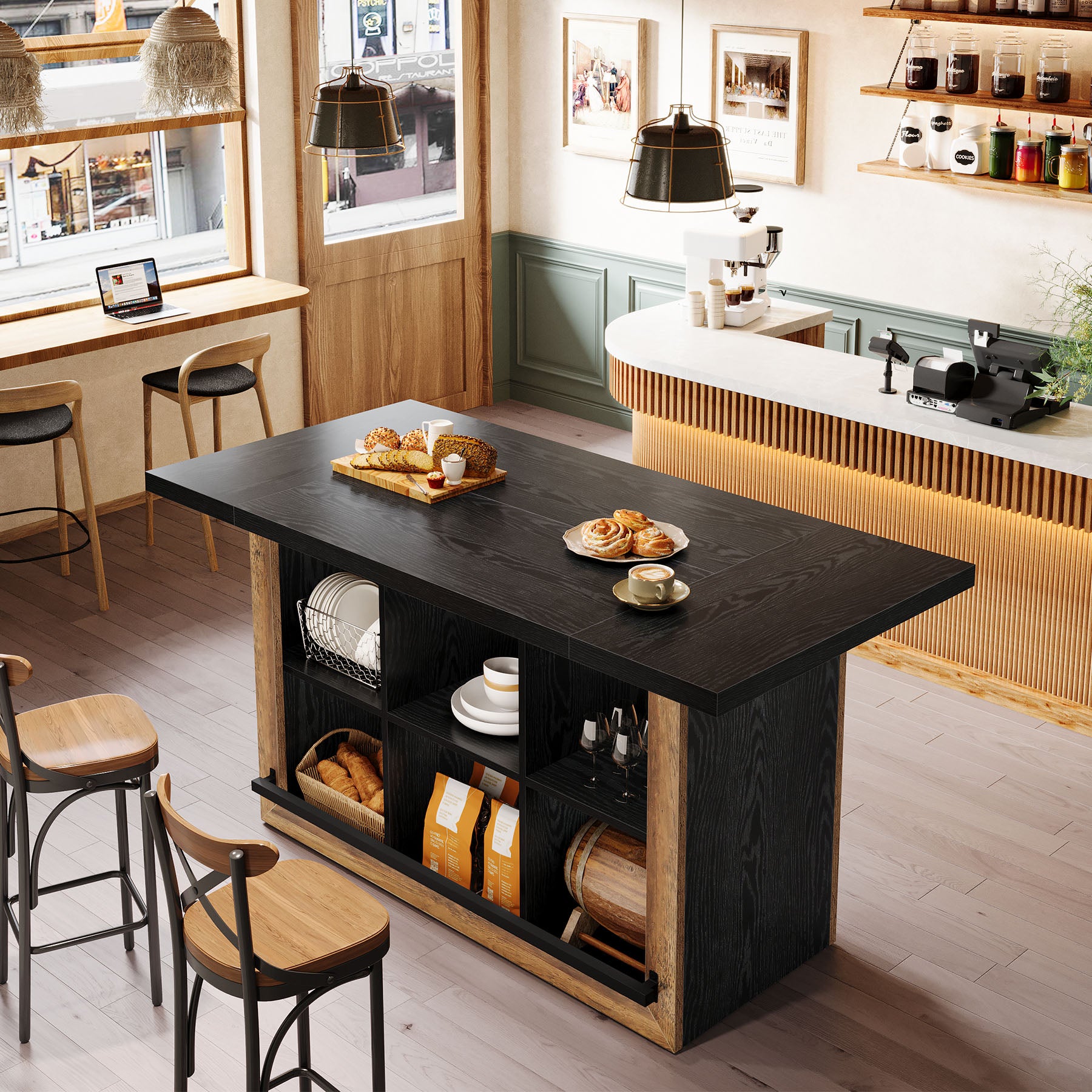 62.6" Bar Table, Rectangular Home Bar Cabinet Unit with 6 Spacious Cubbies