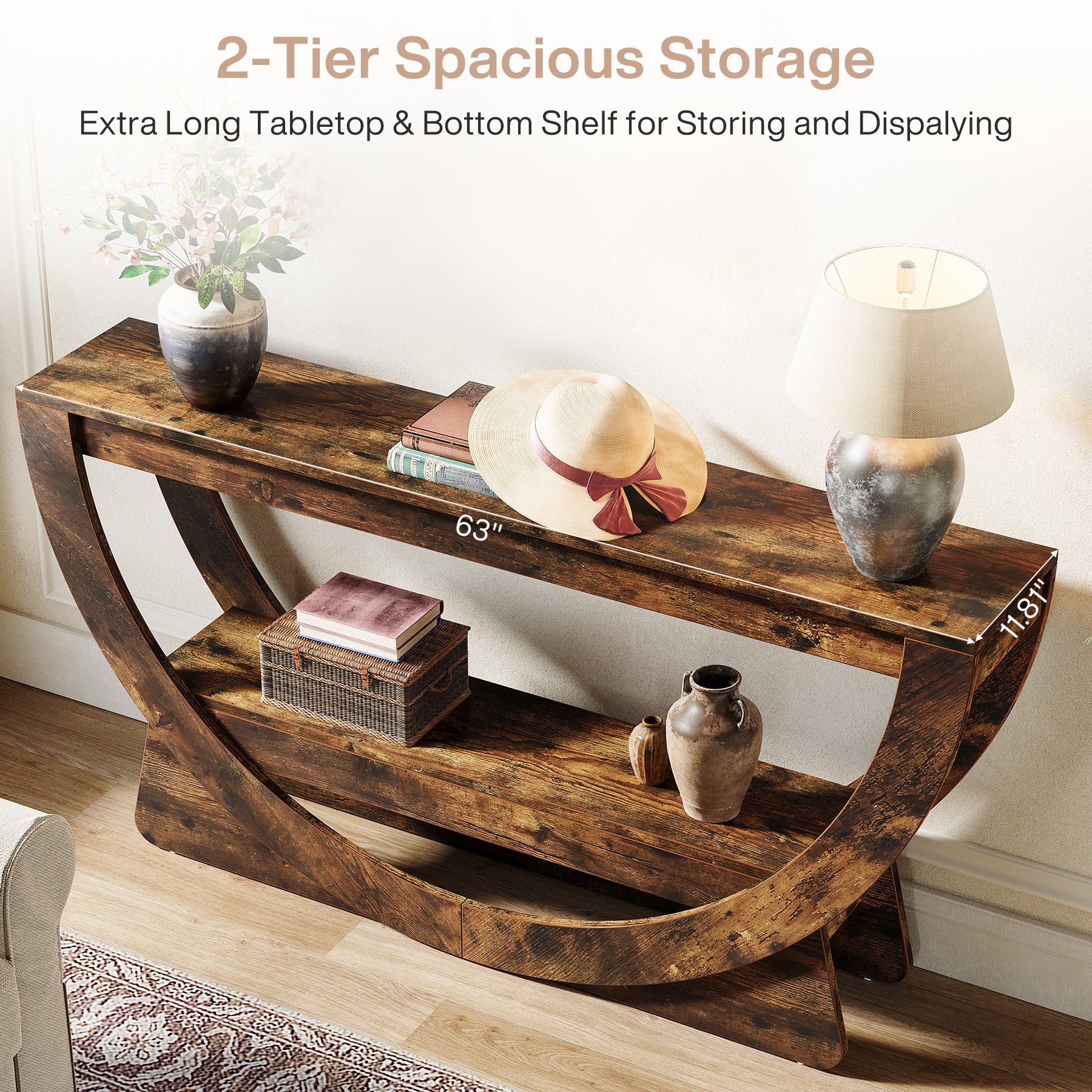 63" Console Table, 2 - Tier Entryway Table with Storage Shelves & Arched Frame Tribesigns