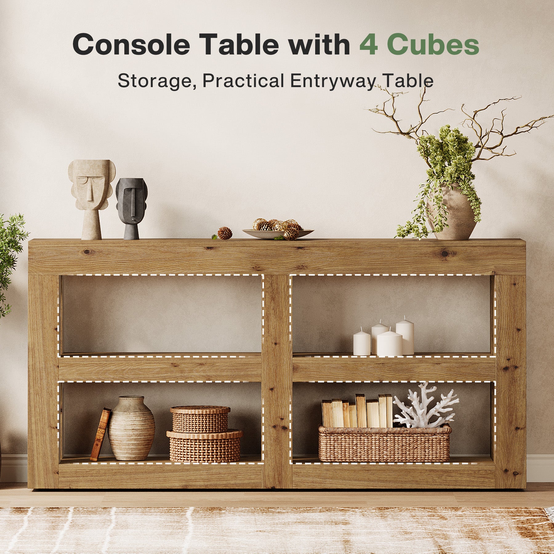 63" Solid Wood Console Table with Storage, 3-Tier Farmhouse Entryway & Sofa Table with Open Shelves