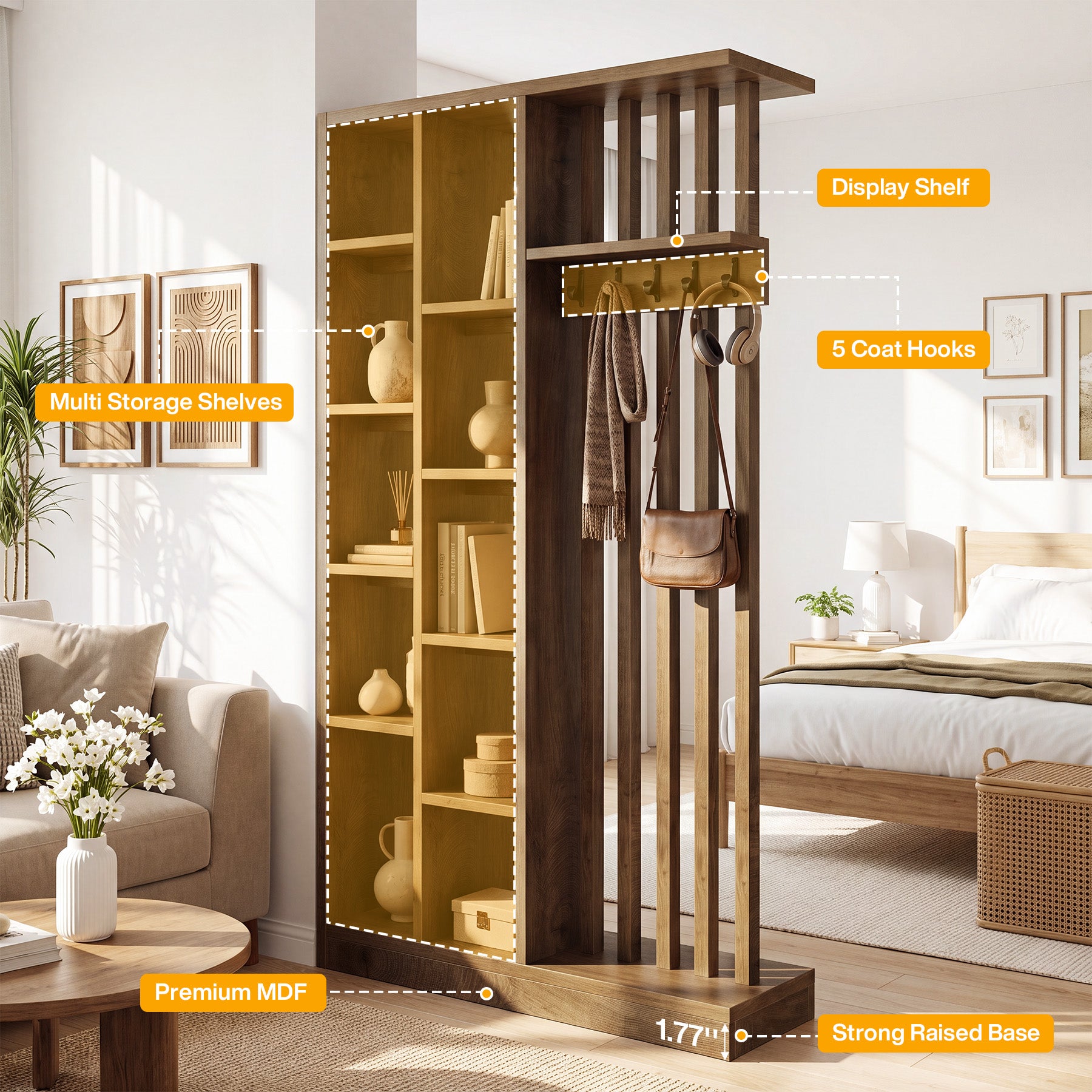 70.9" Wall Room Divider, Freestanding Privacy Screen Partition with Shelves & Coat Hooks