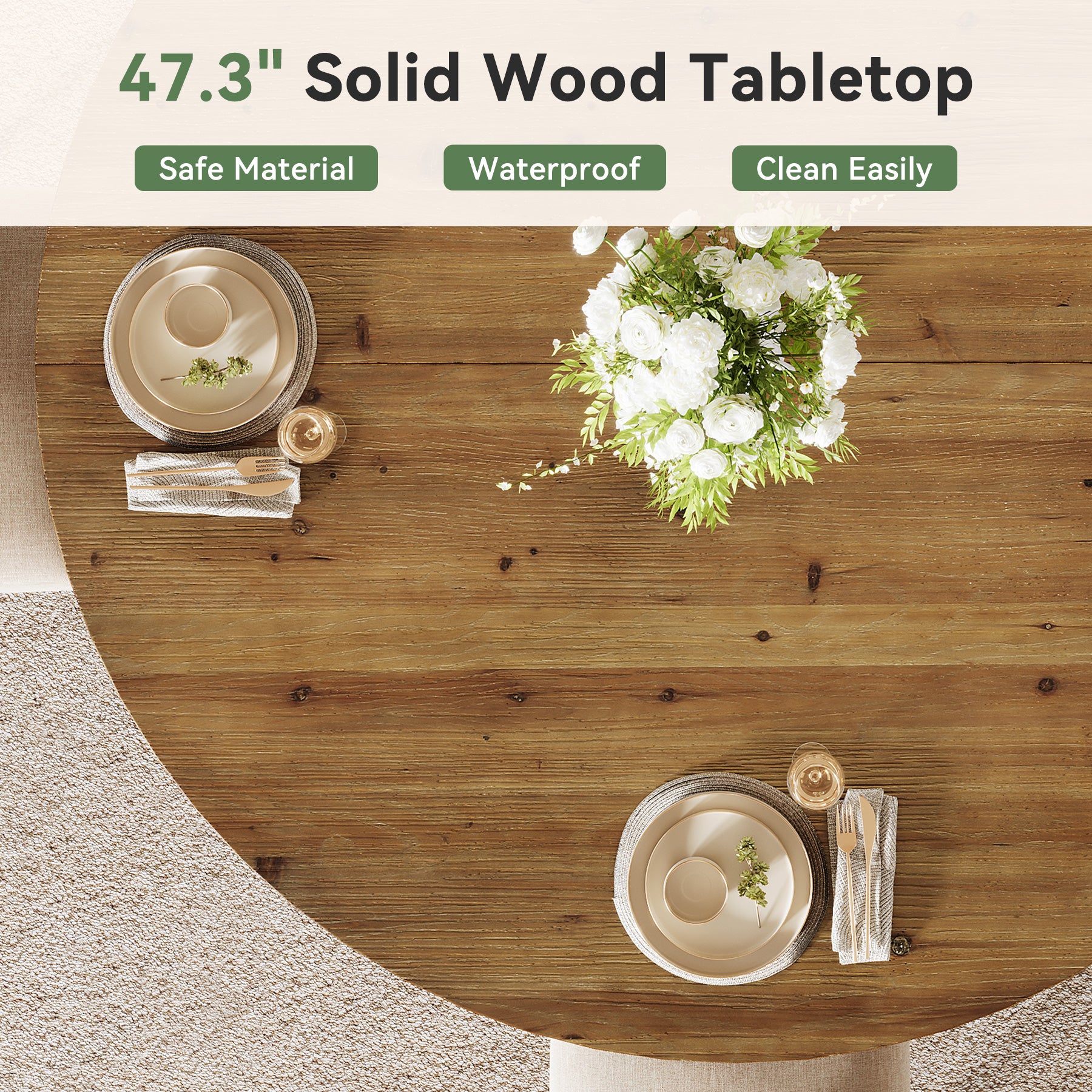 47" Round Dining Table, Solid Wood Kitchen Table with Sturdy Legs for 4-6