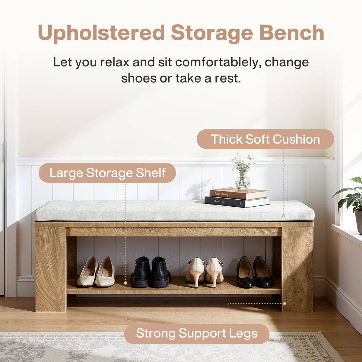 47" Upholstered Entryway Bench, Indoor End of Bed Bench with Padded Seat