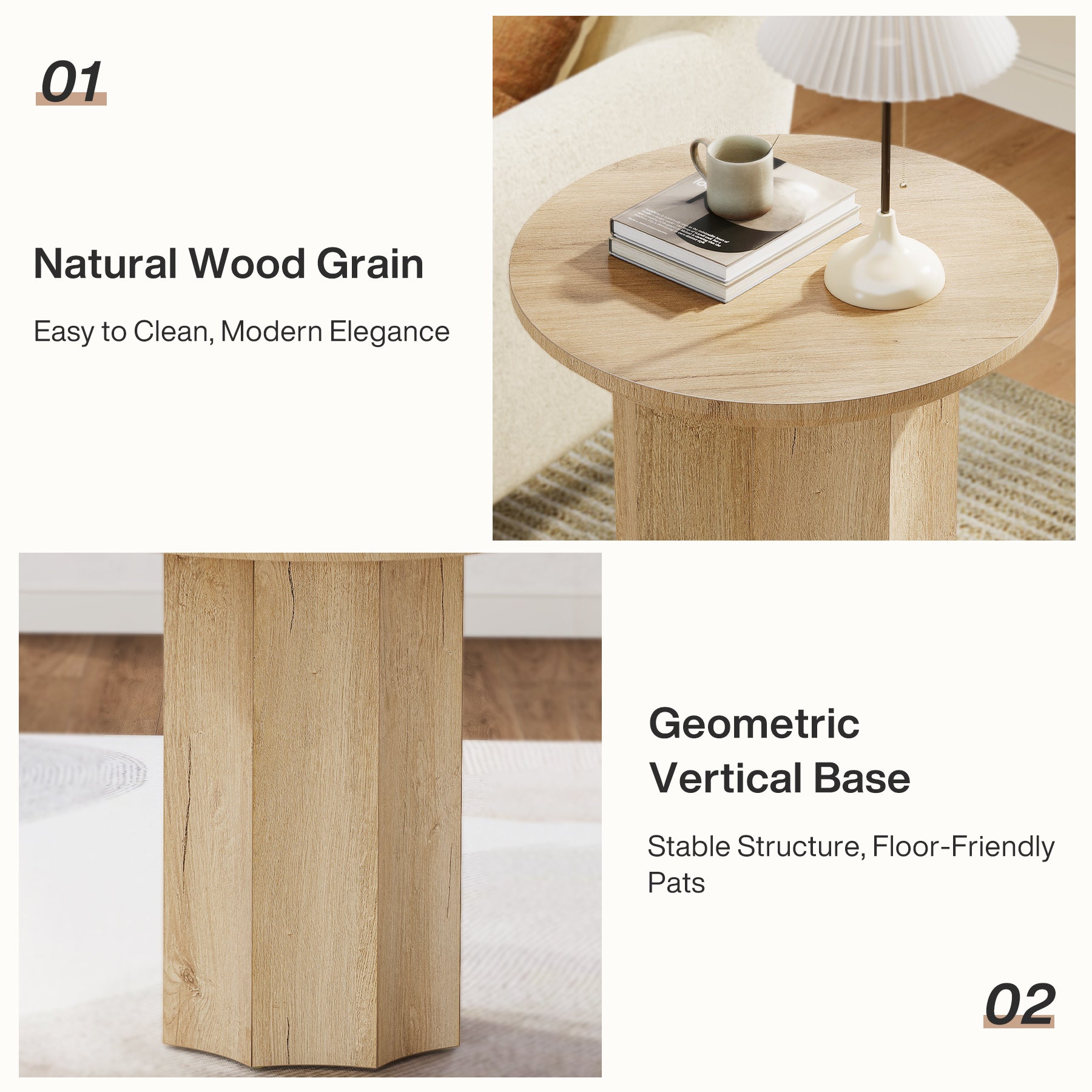 Round End Table, Wooden Pedestal Side Table with Octagonal Base