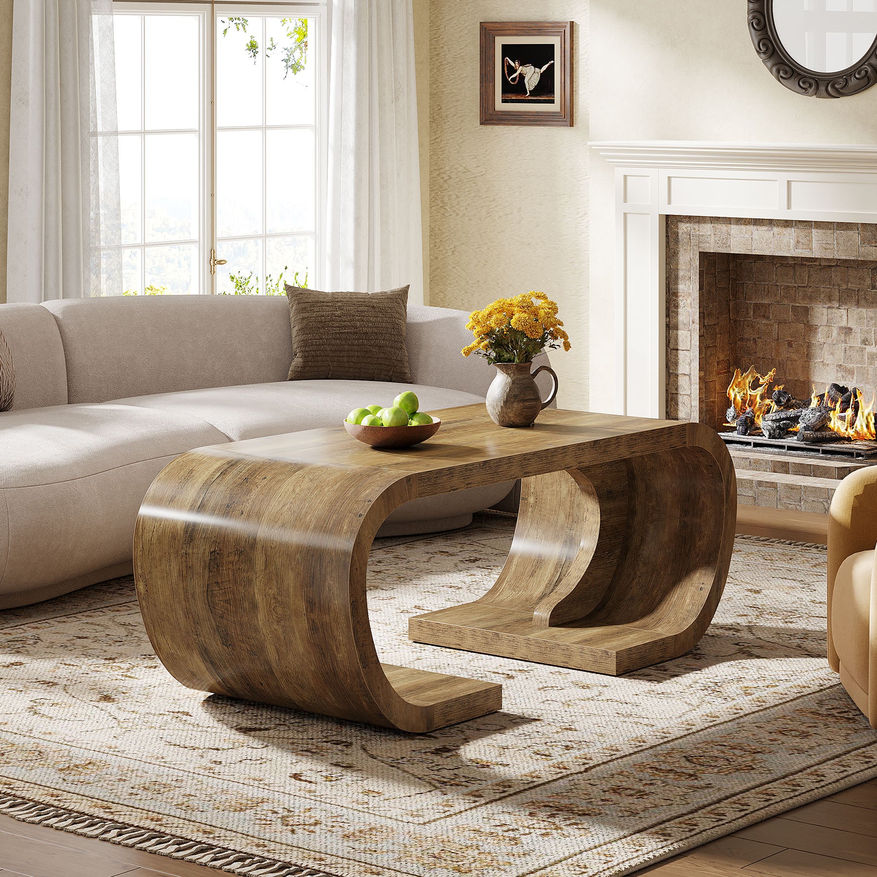 Farmhouse Coffee Table, 47" C - Shaped Center Table with Curved Base Tribesigns