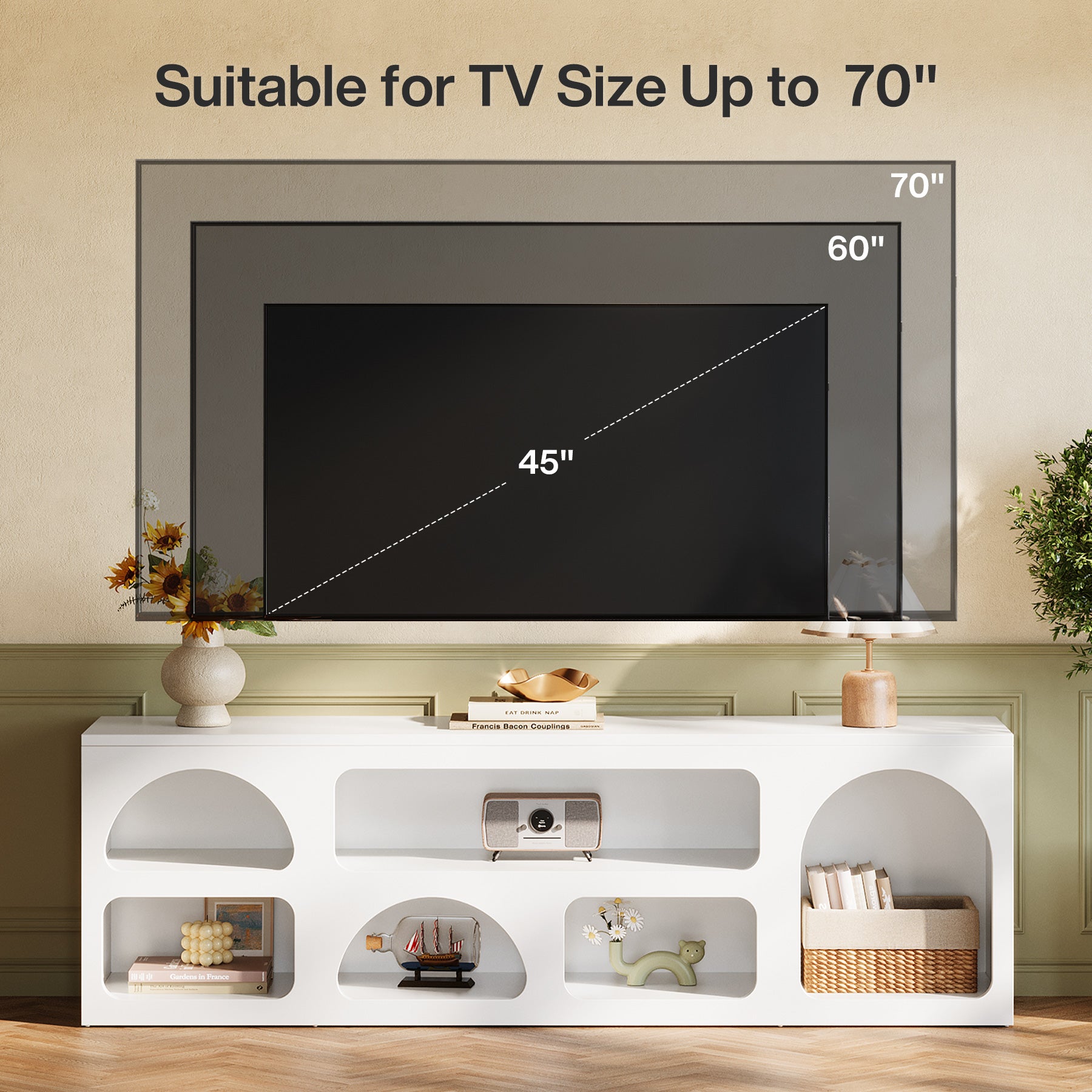 63" TV Stand for 60 to 70 Inch TVs, Modern White Media Console with 6 Open Shelves