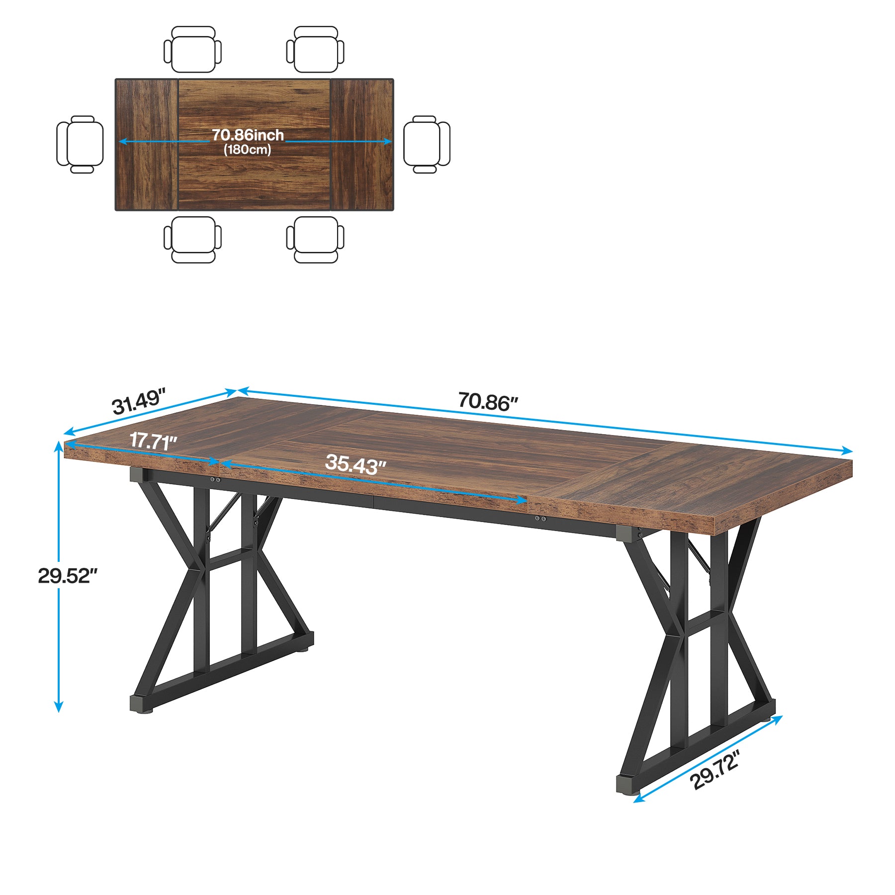 70.8" Farmhouse Dining Table for 6, Rectangular Wood Kitchen Table with Metal Legs