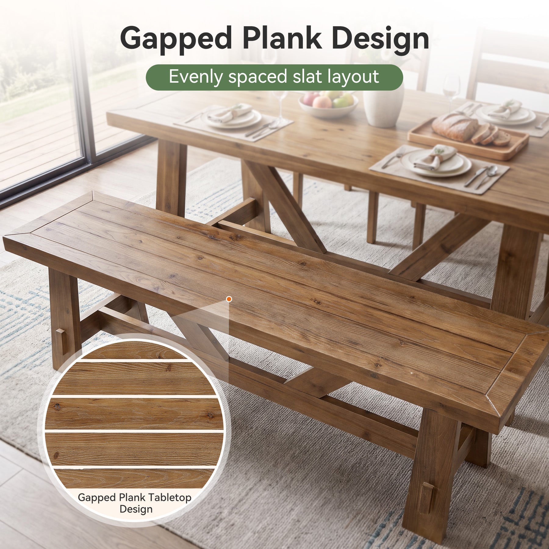 55" Solid Wood Dining Bench, Farmhouse Wooden Kitchen Bench for Dining Room