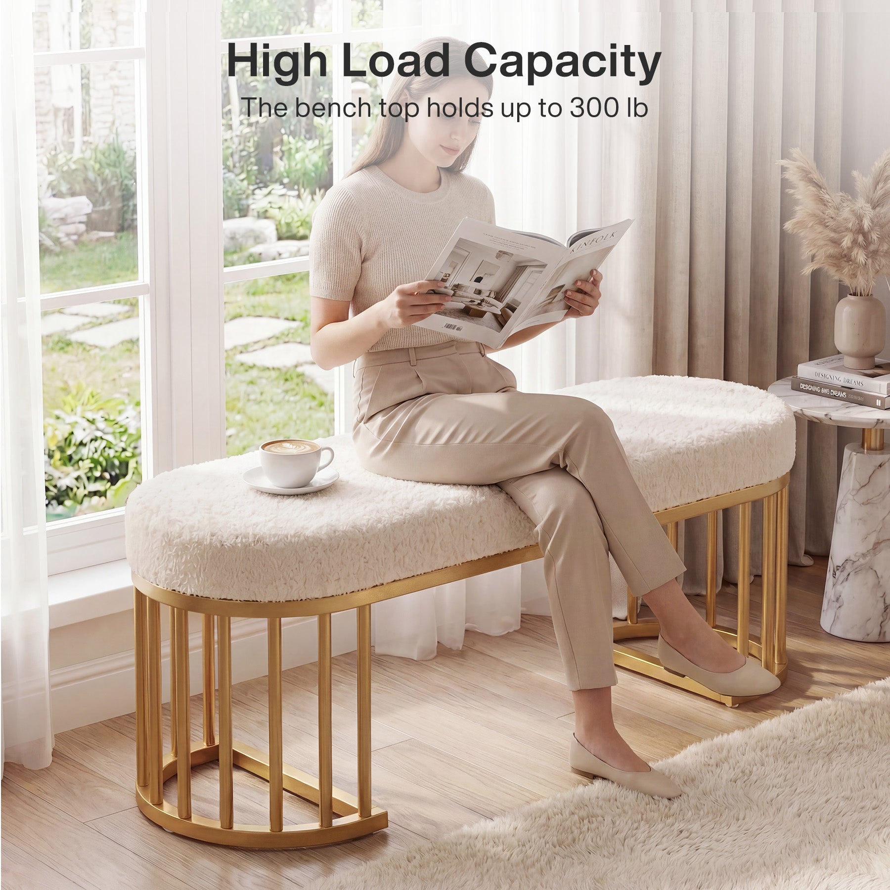 47.24" Upholstered Shoe Bench, Modern Entryway Bench with Sherpa Fabric Seat and Metal Frame