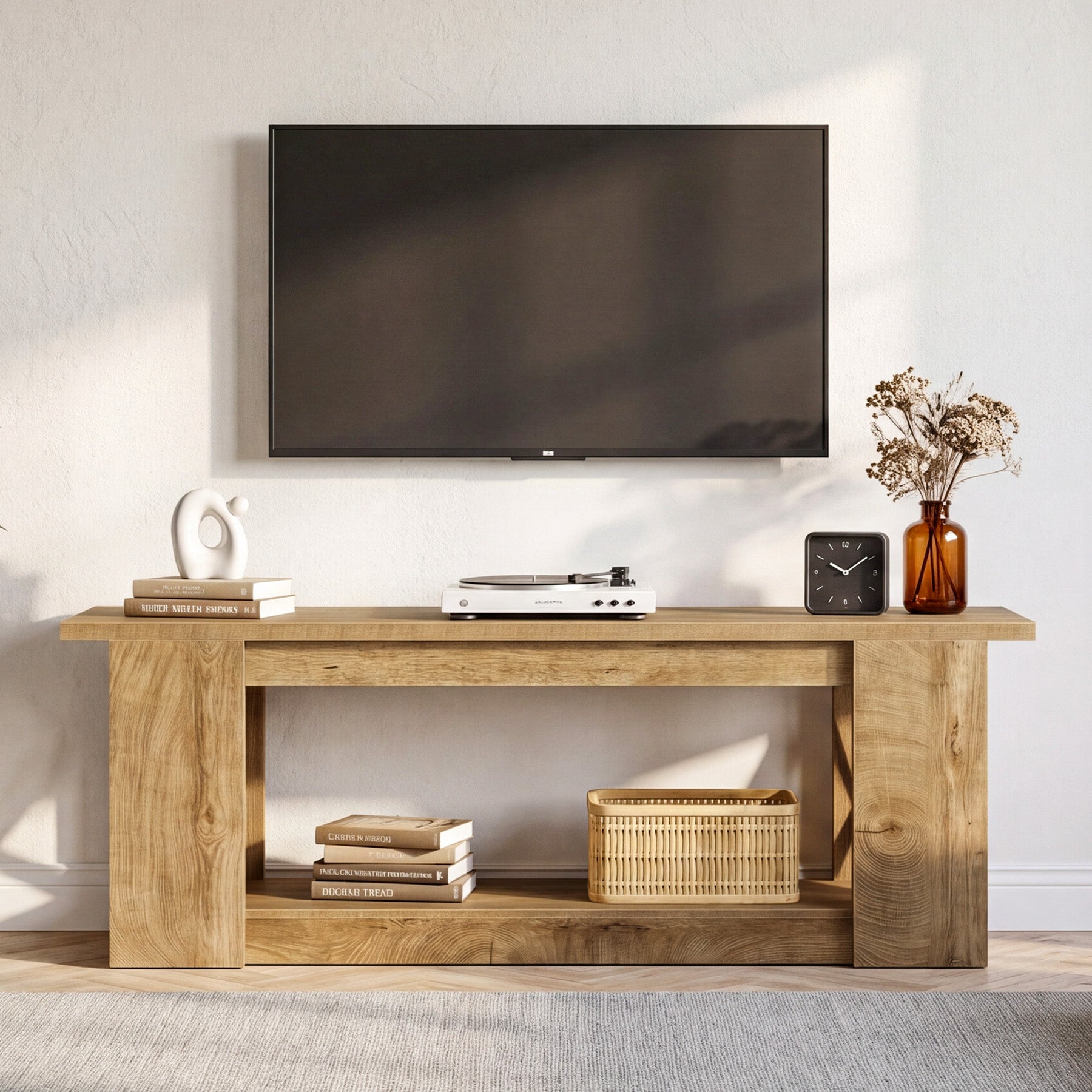 63-Inch Farmhouse TV Stand for TVs up to 70 Inches, Rustic Media Console with 2-Tier Open Storage