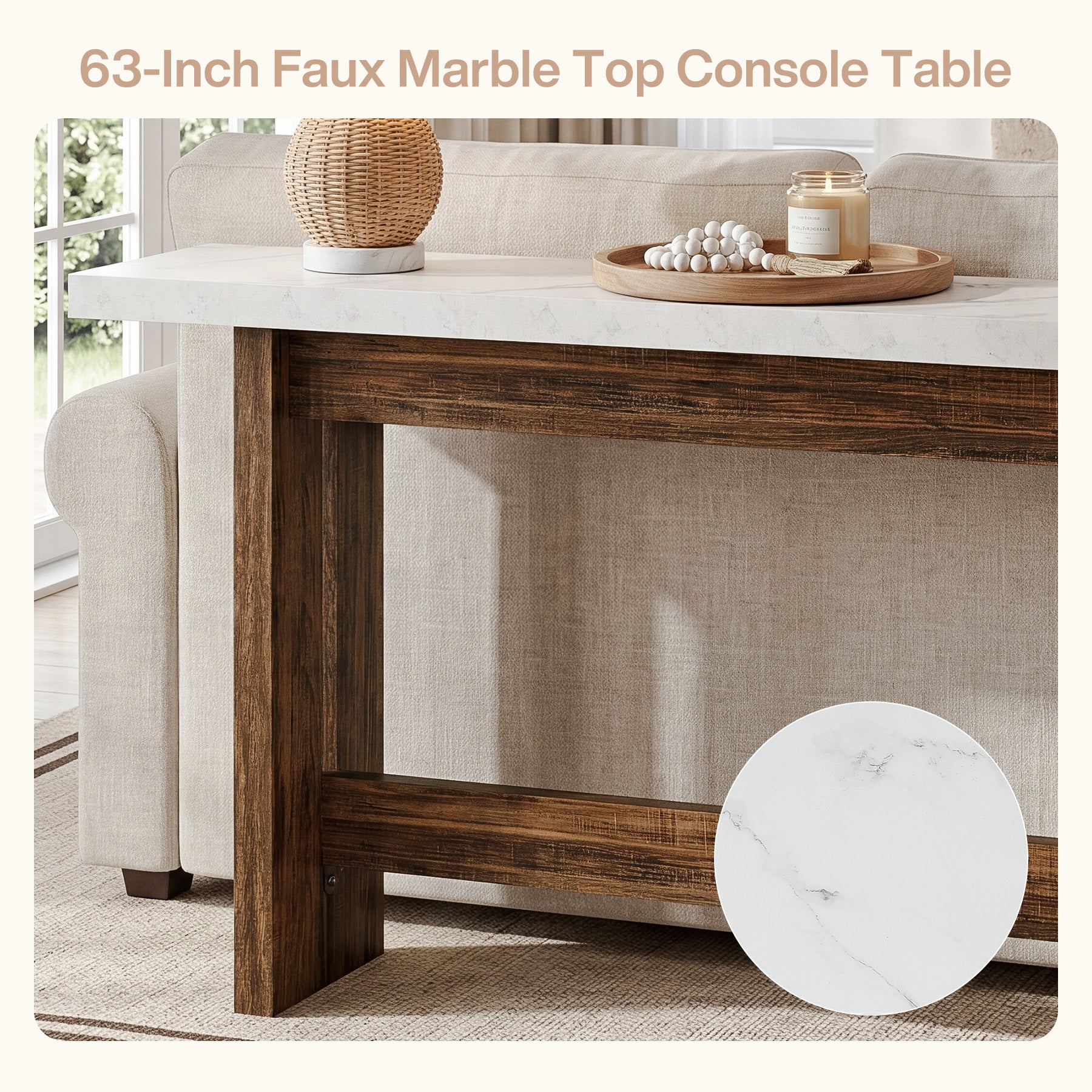 63" Farmhouse Console Table with Faux Marble Top, Narrow Sofa & Entryway Table for Behind Couch