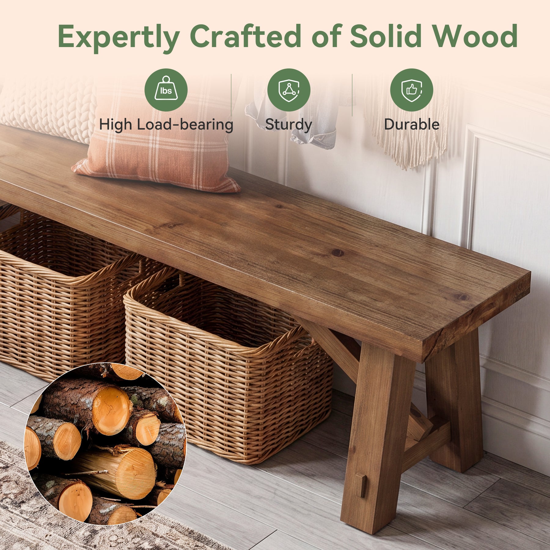 71" Solid Wood Entryway Bench, Narrow Shoe Bench End of Bed Bench for Hallway