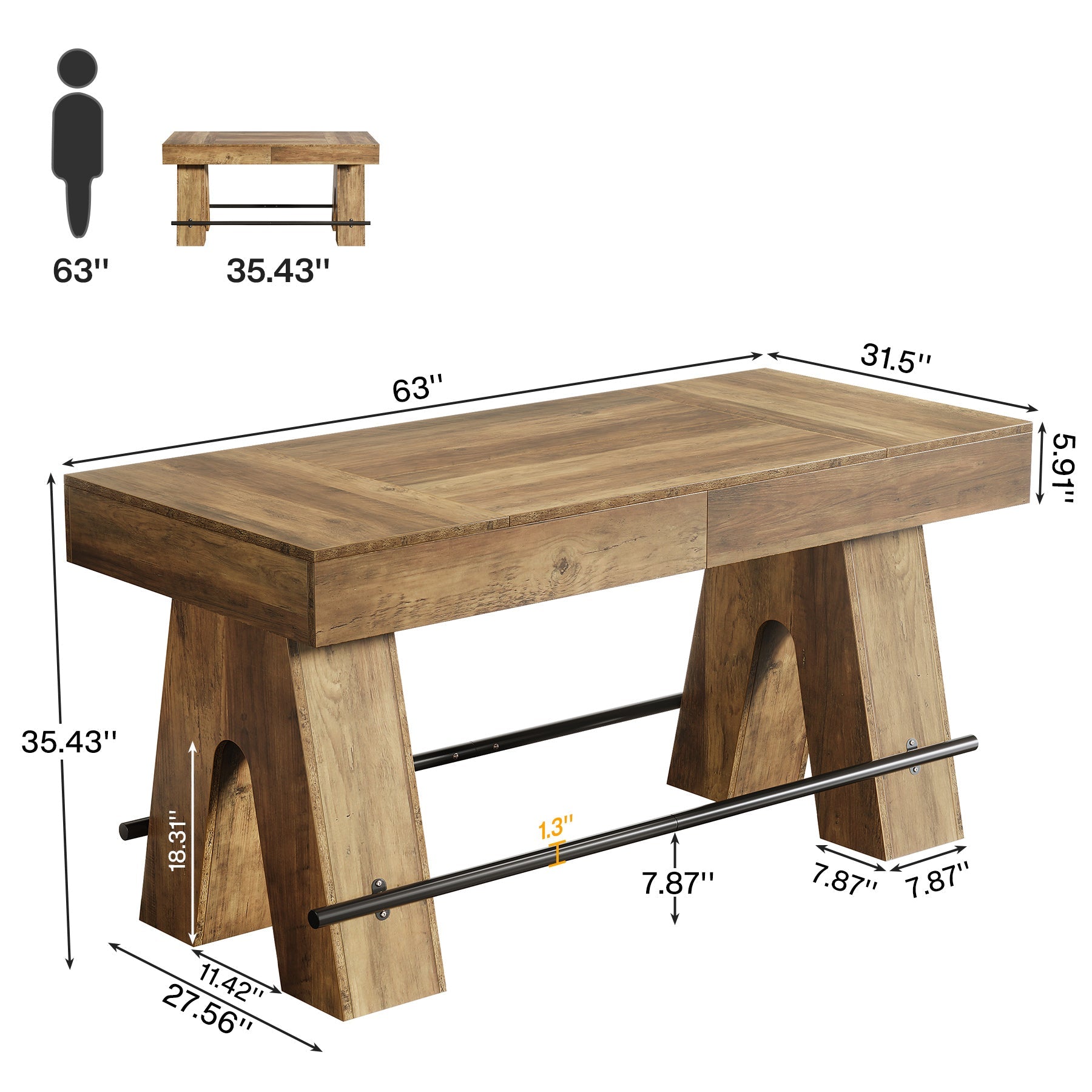 63" Bar Table, Counter Height Table Pub Table with Metal Footrest