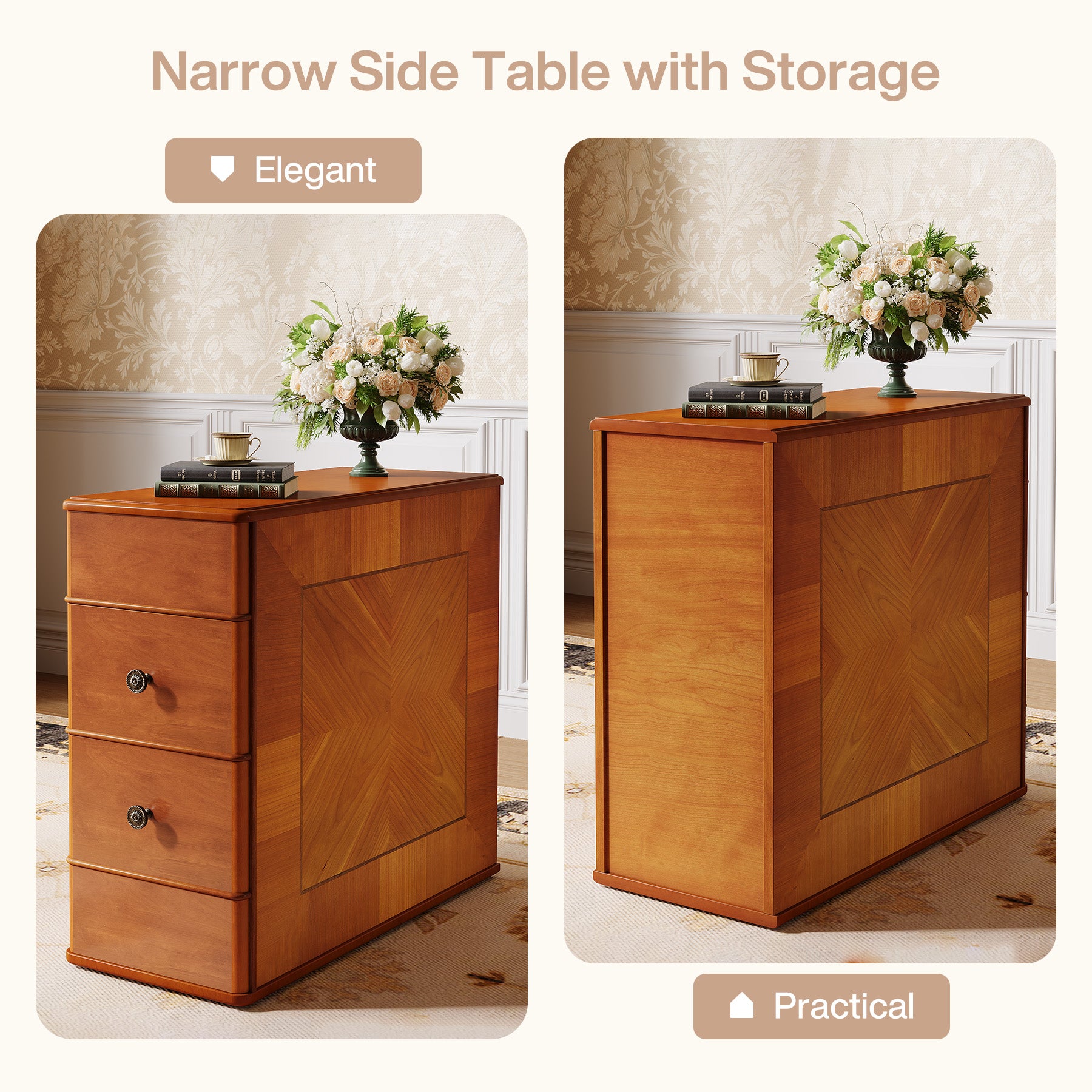 Narrow Side End Table Nightstand with 2 Drawers, No Assembly Required
