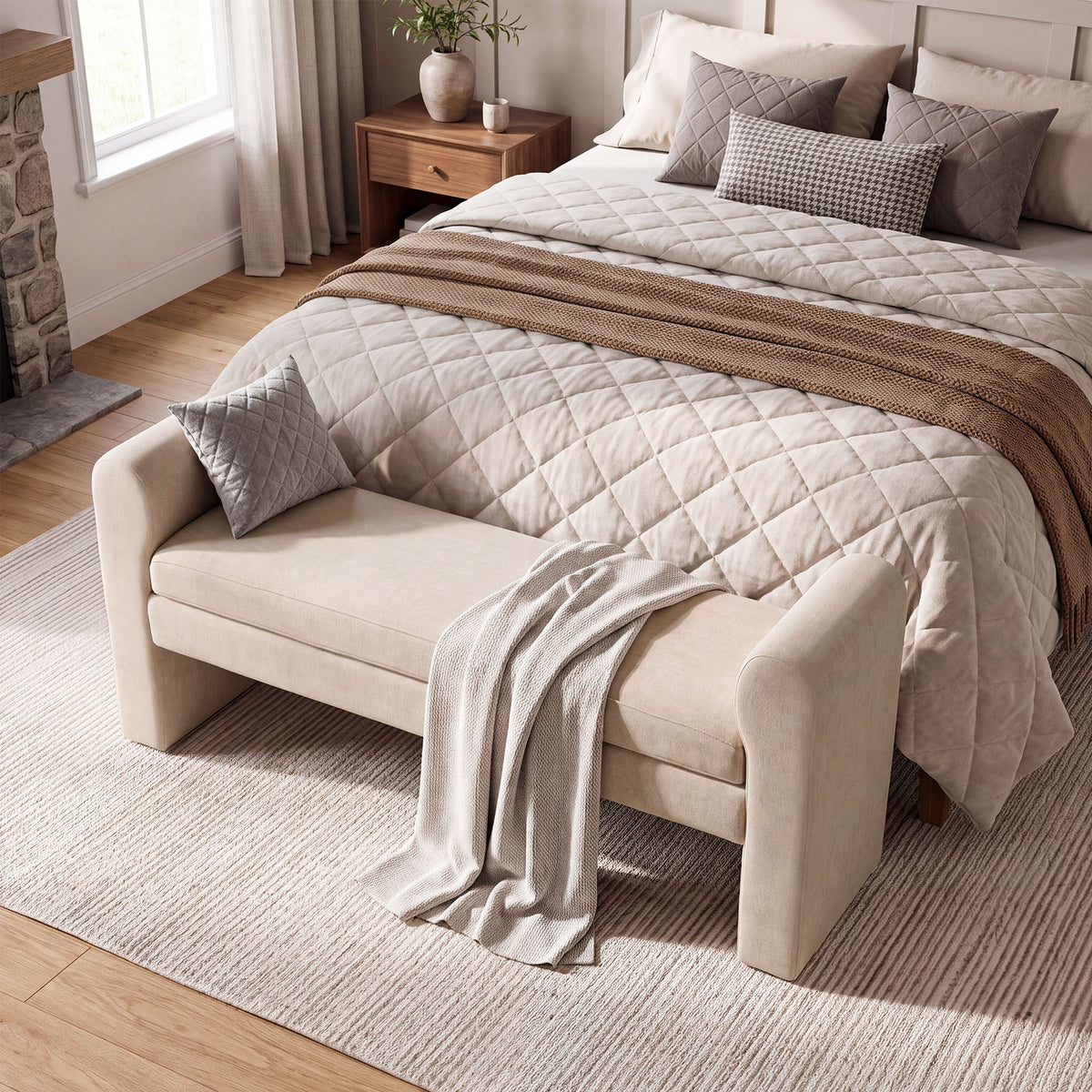55" Upholstered End of Bed Bench with Arms, Modern Entryway Shoe Bench with Soft Cushioned Seat
