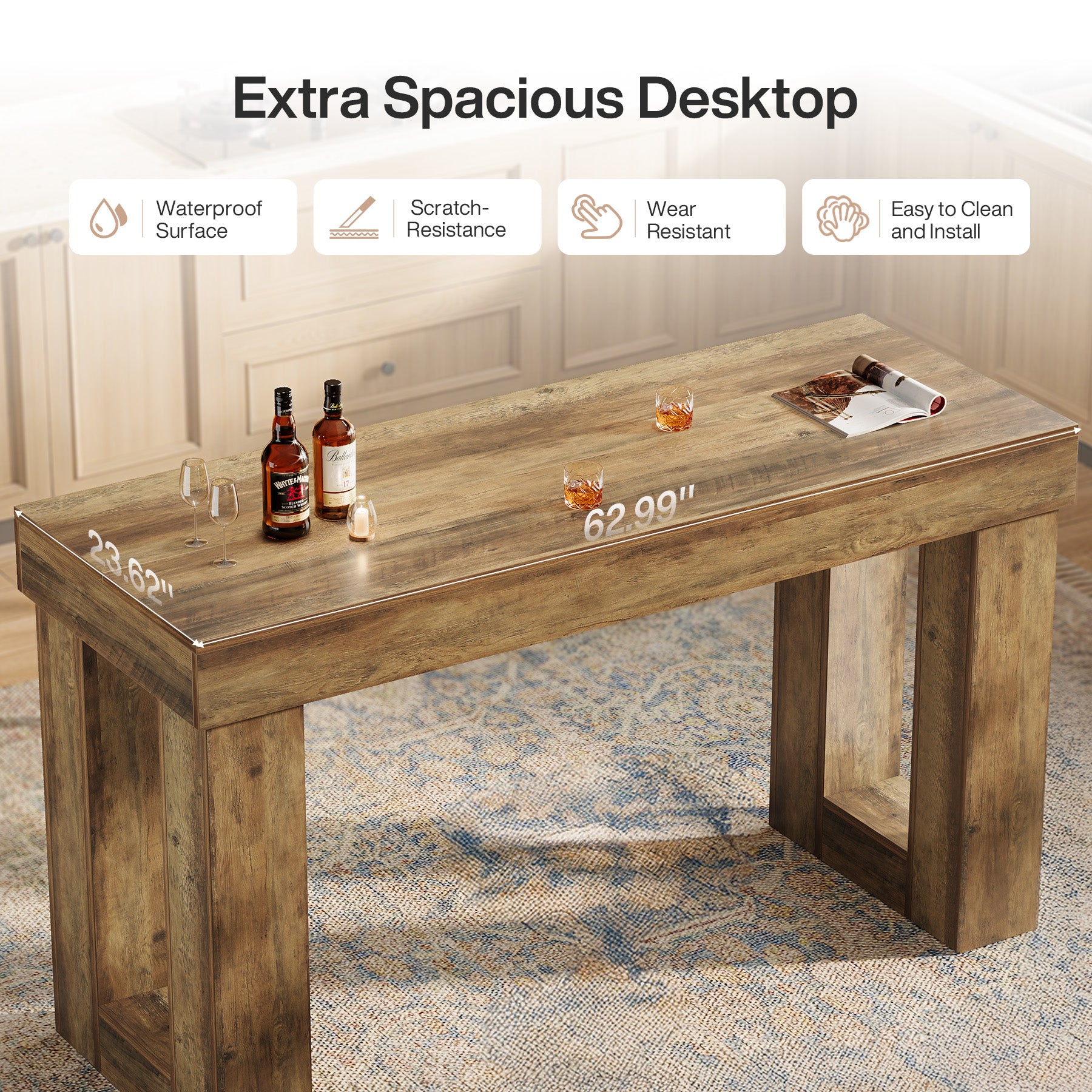 63" Bar Table, Counter Height Pub Table with Sturdy Rectangular Base