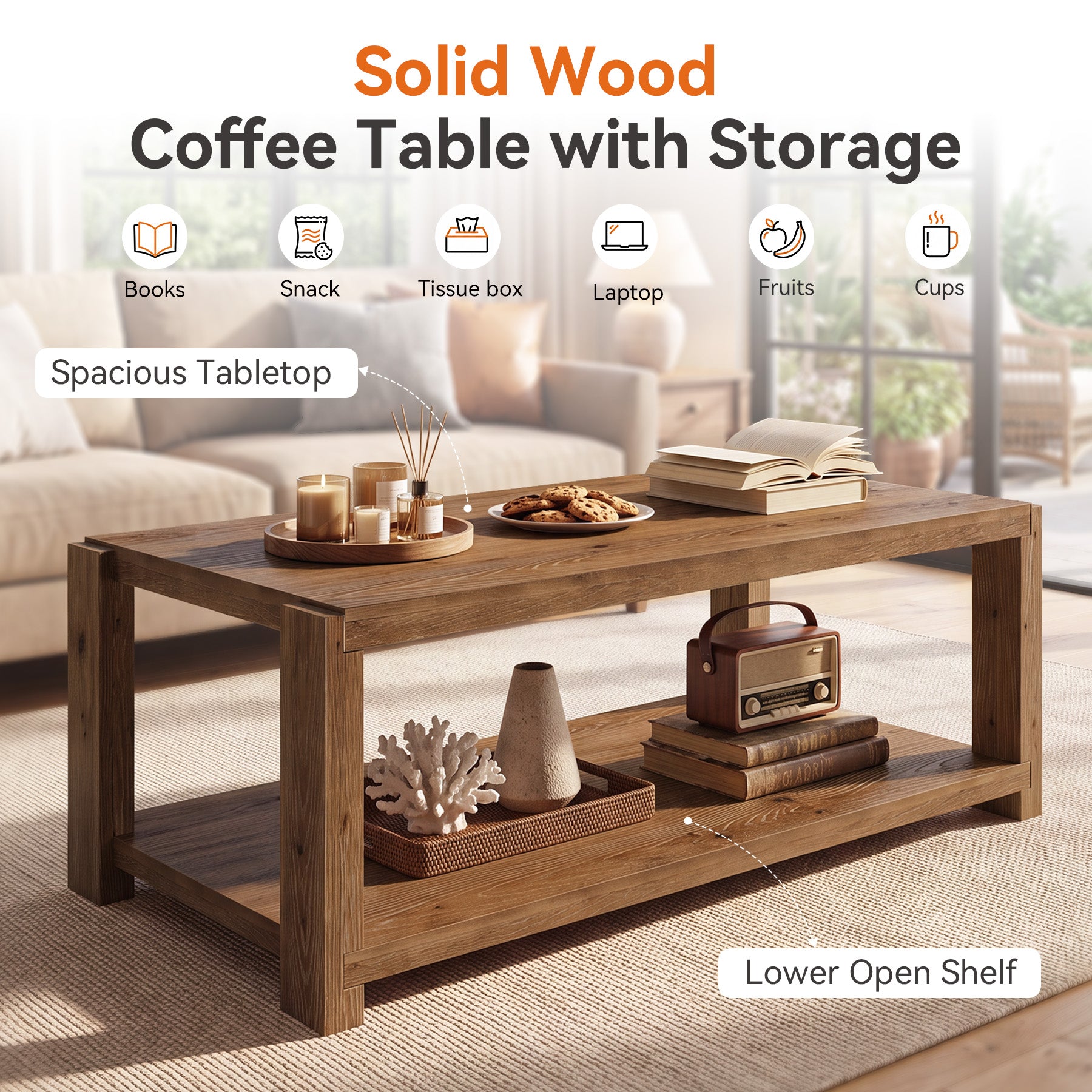 47" Farmhouse Solid Wood Coffee Table, Rectangular Cocktail Table with 2-Tier Open Shelf