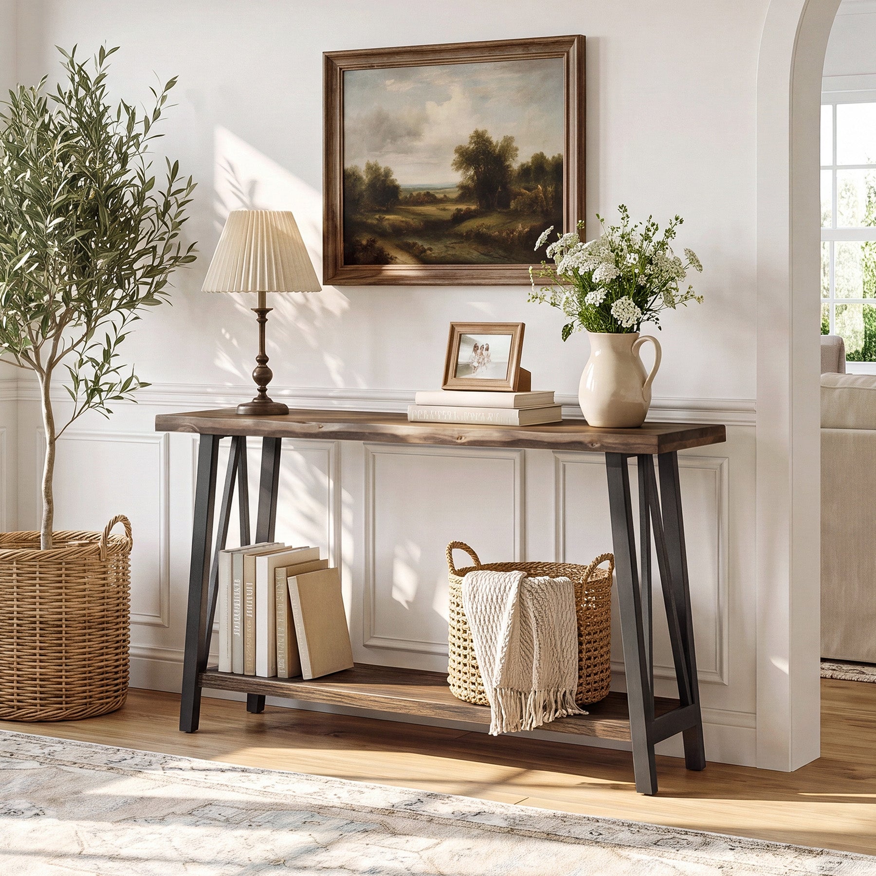 41.3" Live-Edge Solid Wood Console Table, 2-Tier Entryway Table with Metal Frame