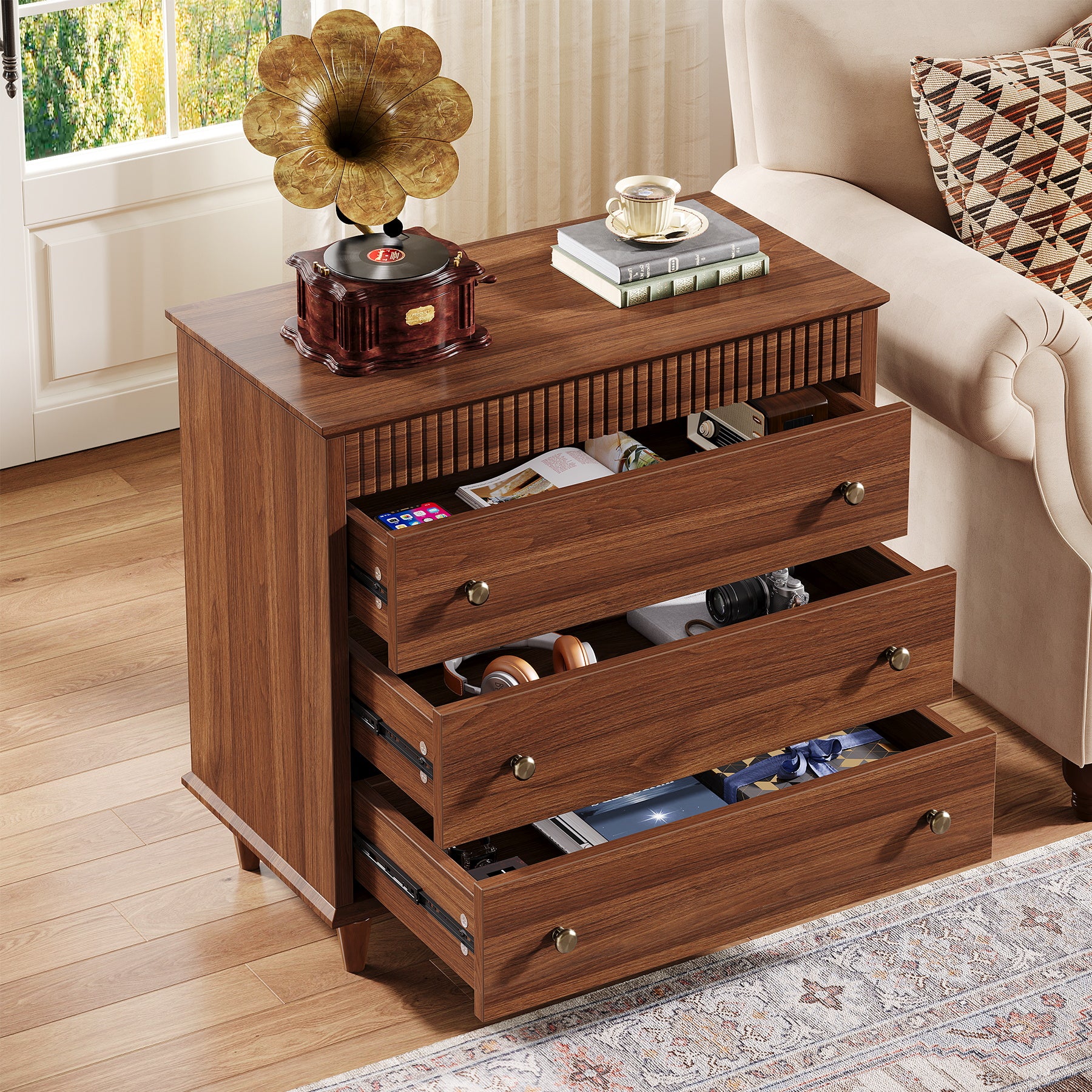 Nightstand with 3 Drawers, 31.5" Oversized Bedside Table with Mental Handles