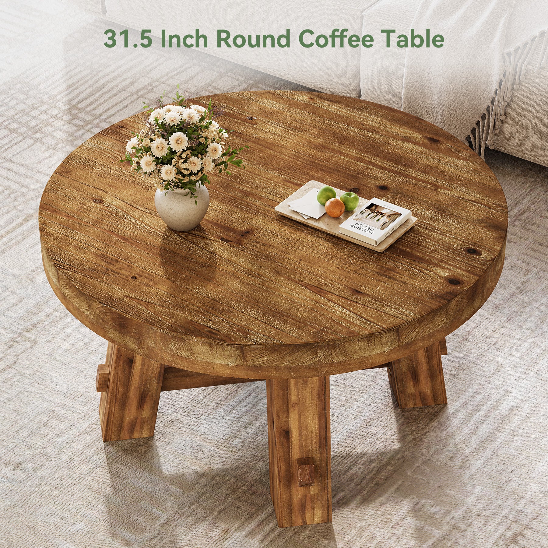 Solid Wood Round Coffee Table with Thick Top