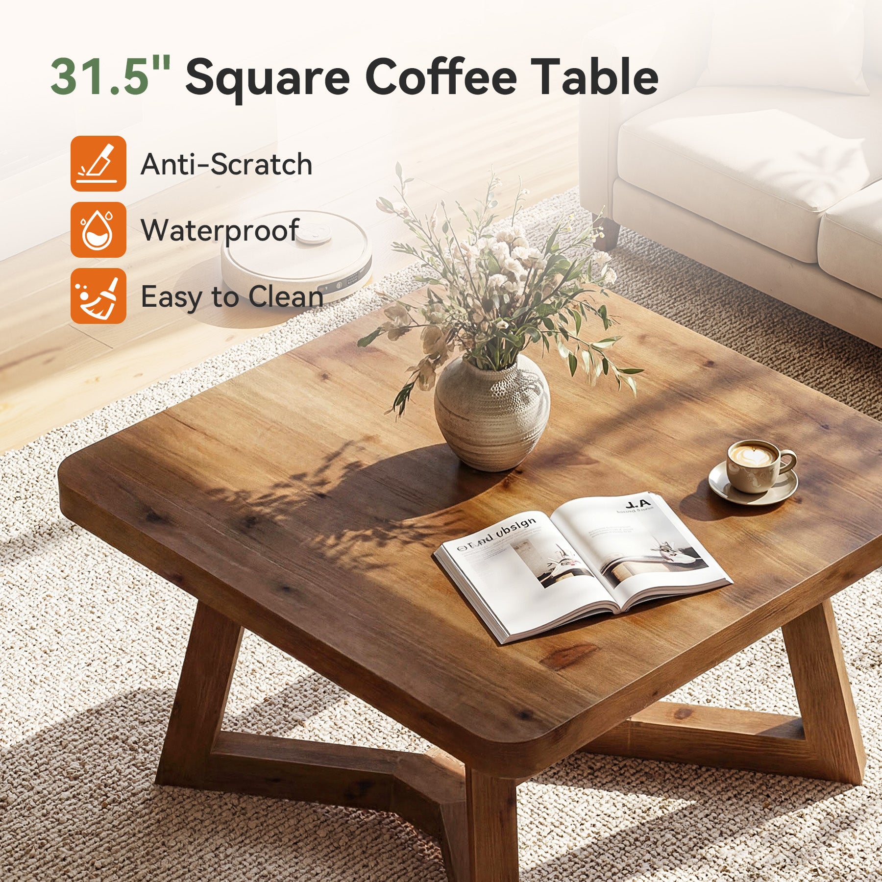Solid Wood Square Coffee Table, 31.5" Simple Center Table for Living Room