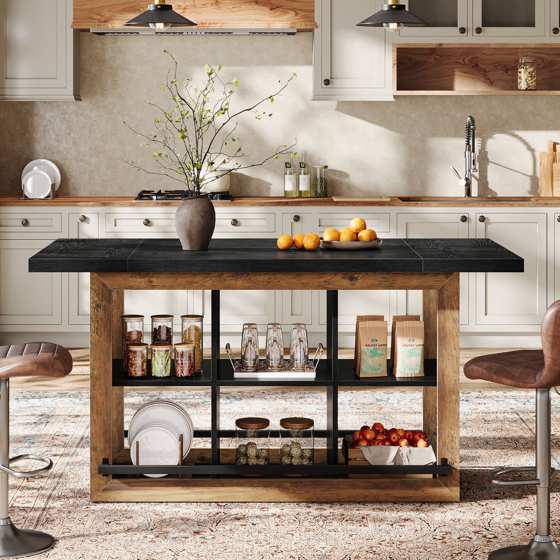 Kitchen Island, Counter Height Kitchen Coffee Bar Table with Storage