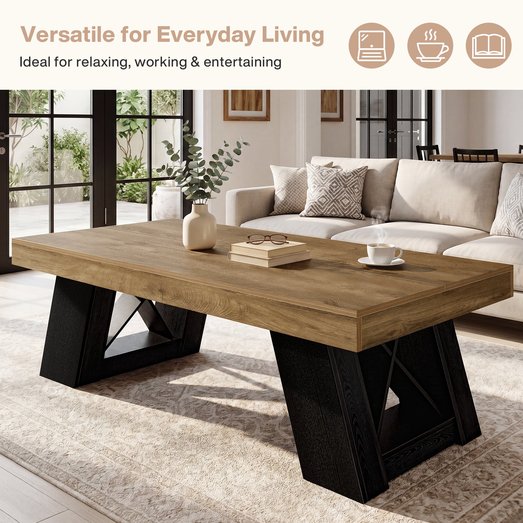 Tribesigns 55-Inch Large Coffee Table, Thick Top X-Frame Table for Living Room