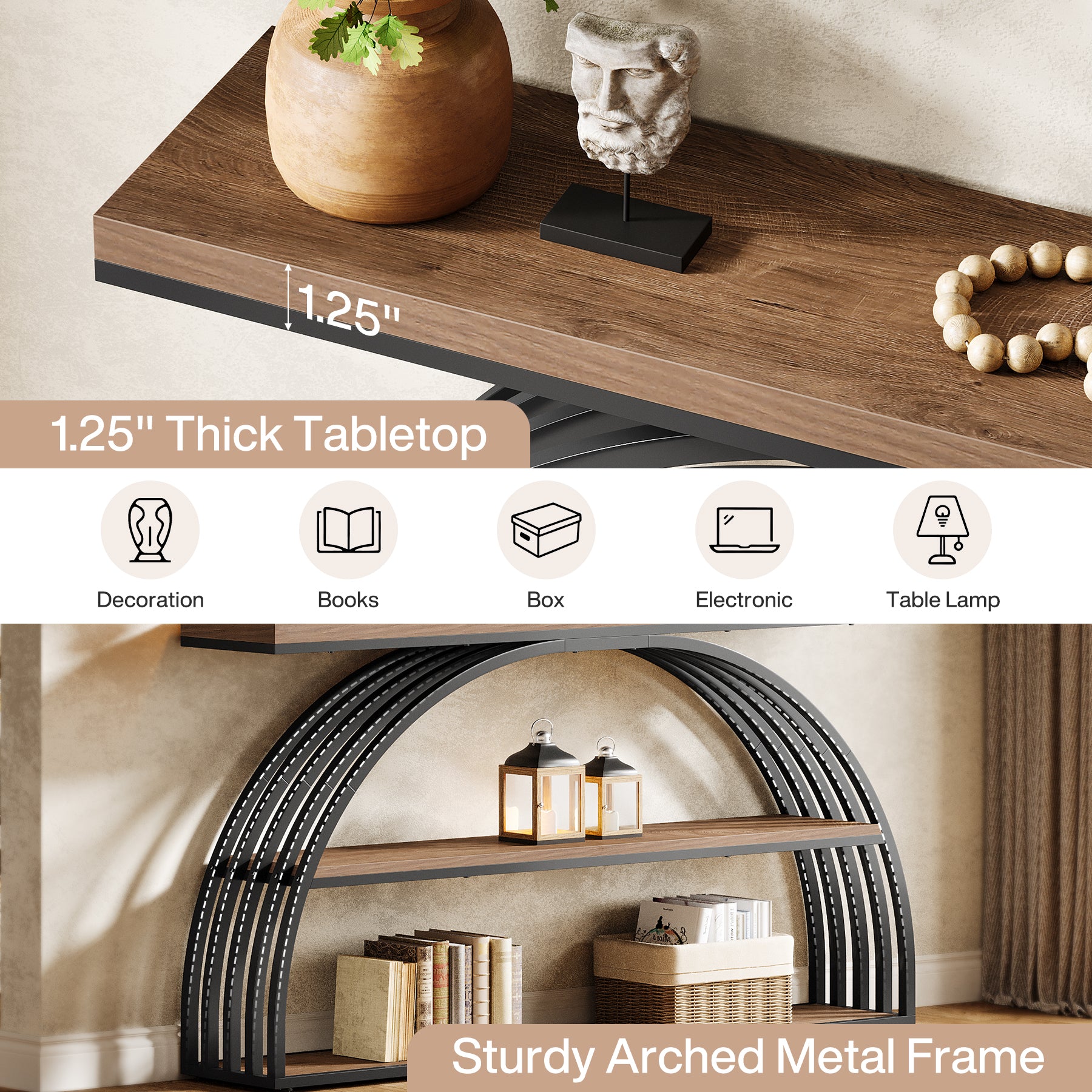 63" Console Table, 3-Tier Sofa Entryway Table with Arched Frame