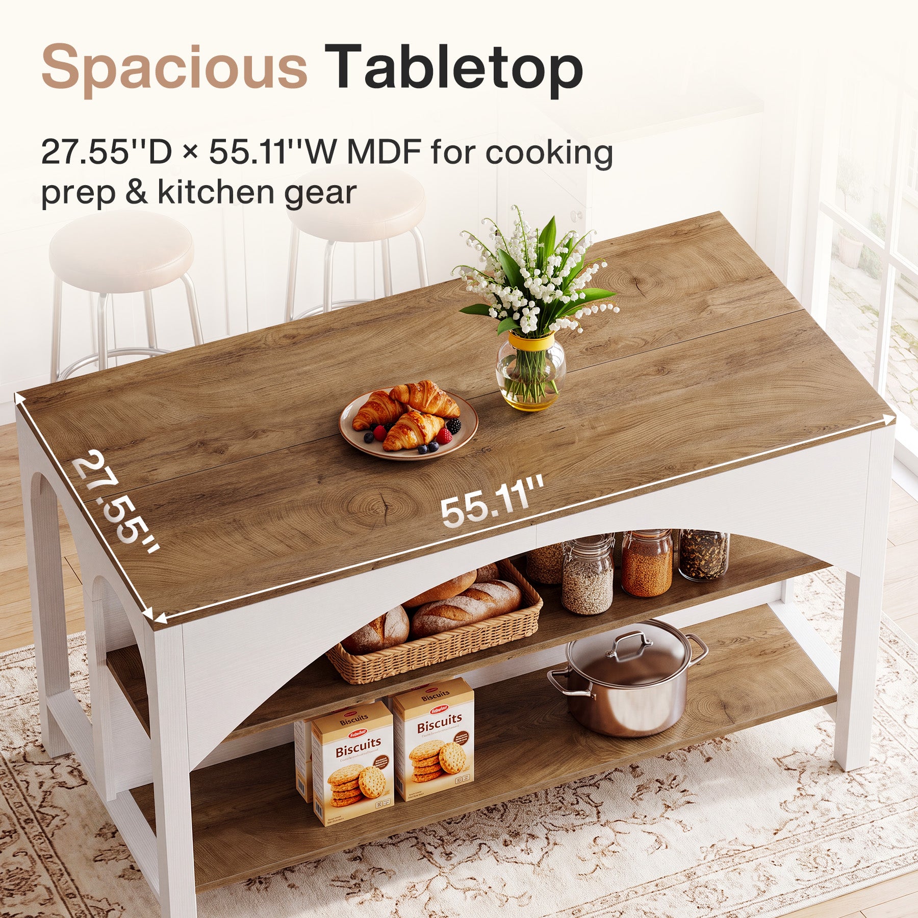 55" Kitchen Island with 2-Tier Shelves, Modern Stationary Island for Kitchen
