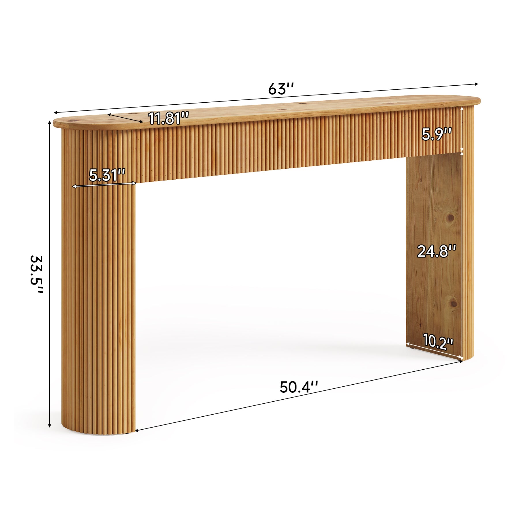 Solid Wood Console Table, 63" Retro Entryway Table with Vertical Fluted Stripes