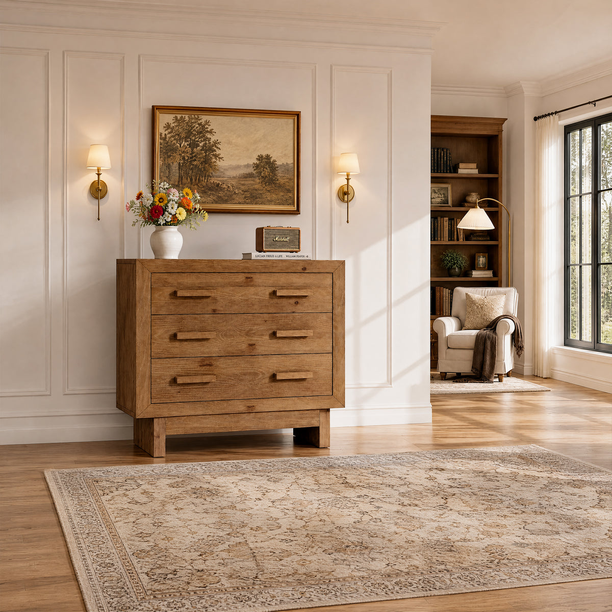 31.5” Solid Wood Nightstand, Oversized Bedside Table with 3 Large Drawers for Bedroom