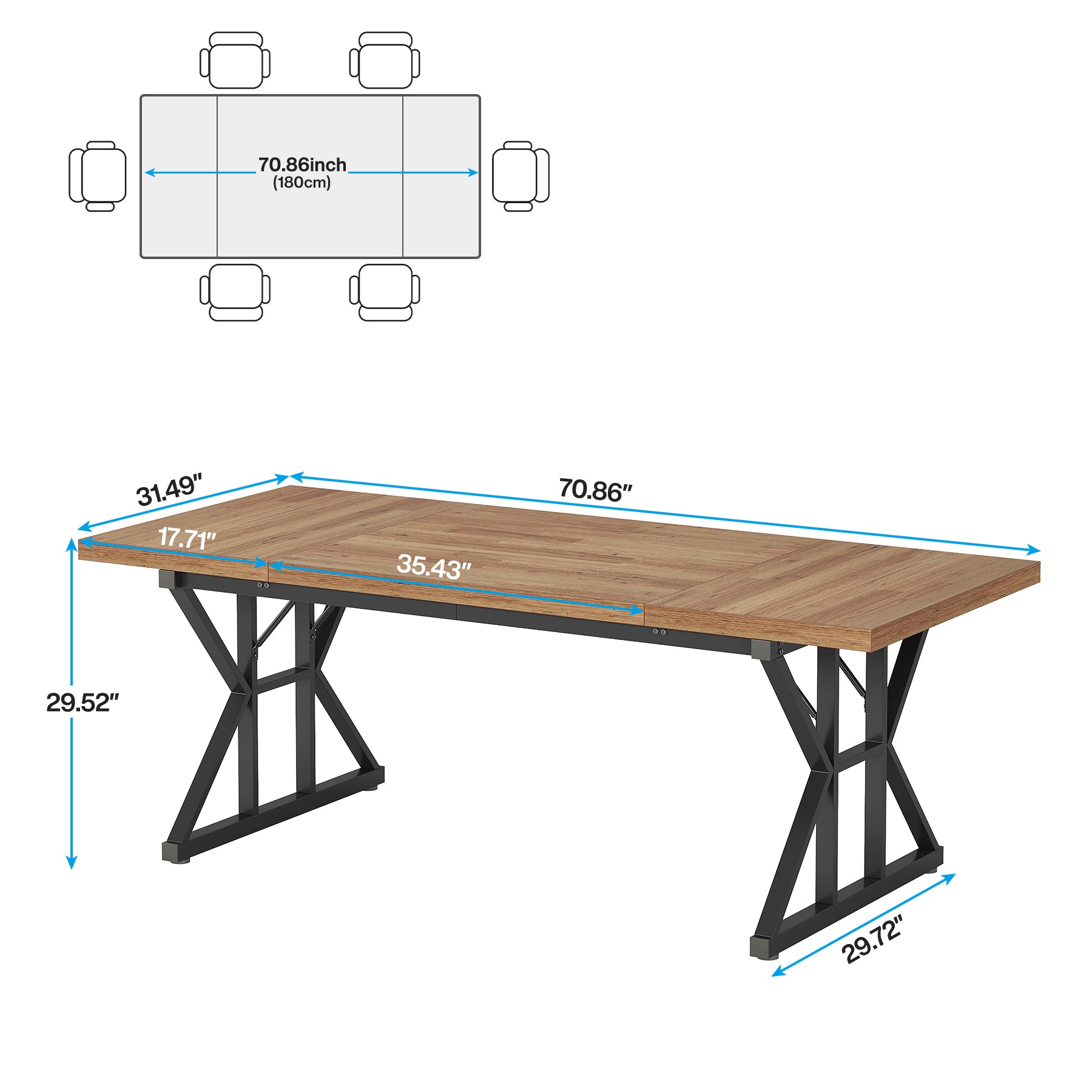 70.8" Farmhouse Dining Table for 6, Rectangular Wood Kitchen Table with Metal Legs