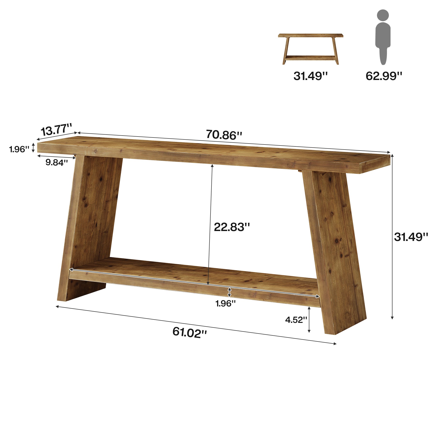 Solid Wood Console Table, 70.9" Sofa Table Behind Couch with 2-Tier Storage