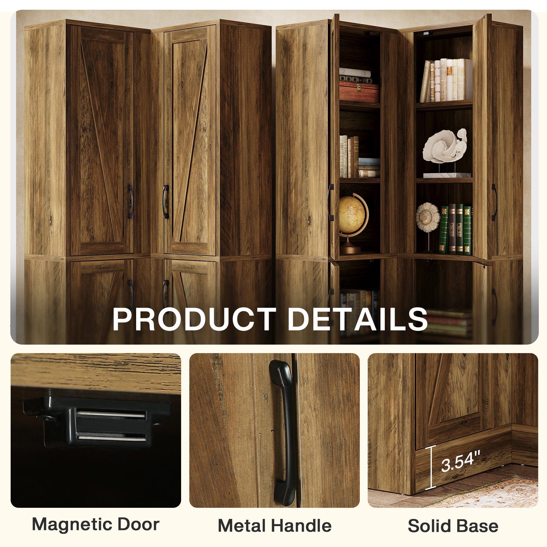 70.8" Corner Bookcase, Farmhouse Corner Storage Cabinet with Doors