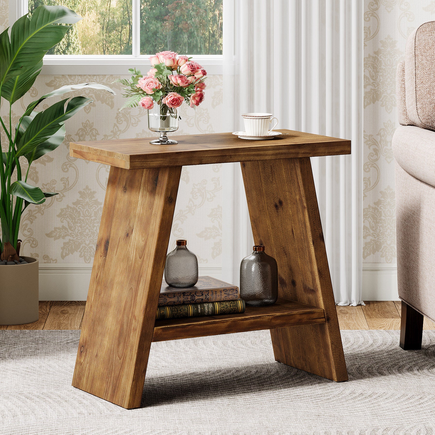 23.6" End Table, Solid Wood Small Side Table with 2-Tier Storage