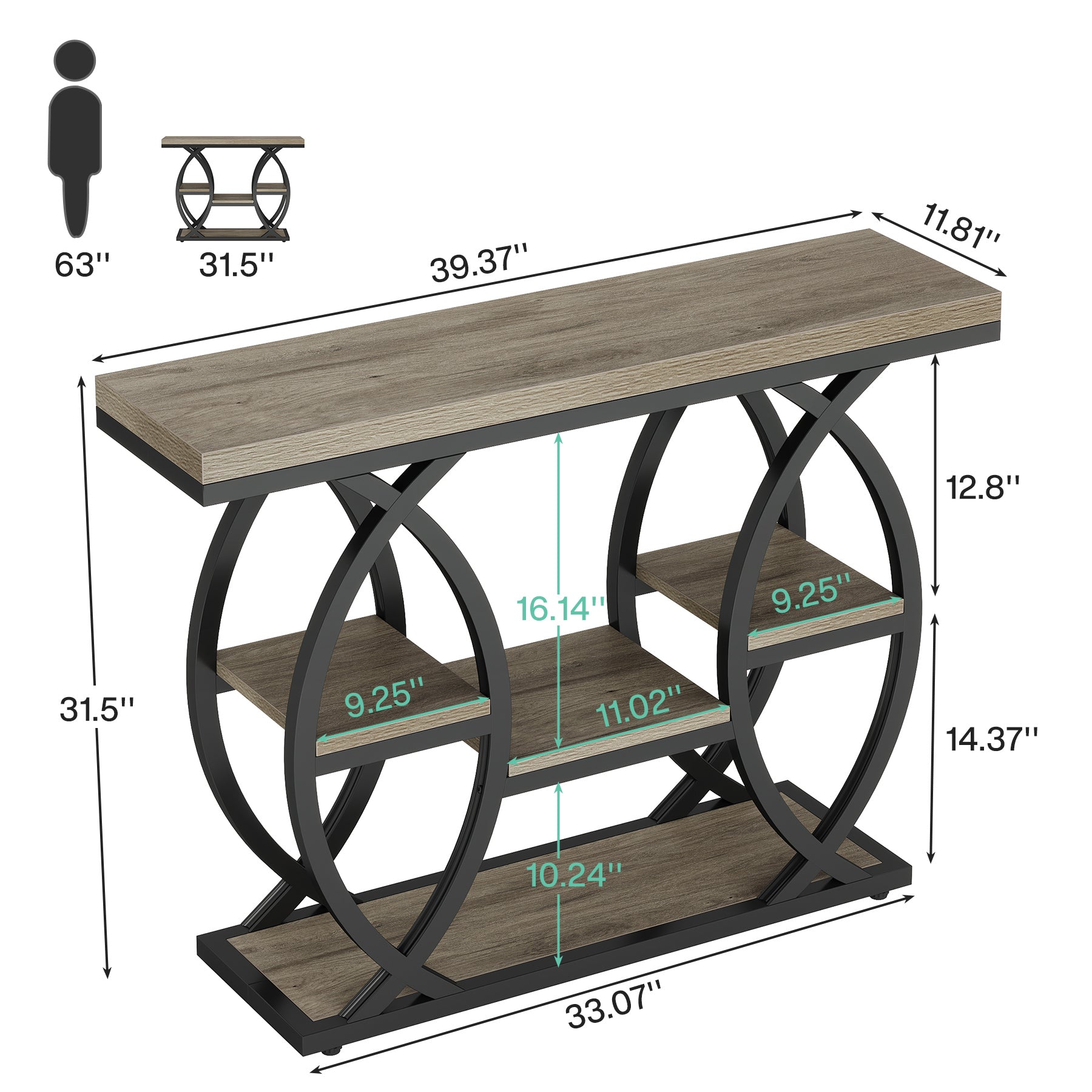 39.4" Console Table, Industrial 4-Tier Sofa Table Entryway Table with Storage Shelves