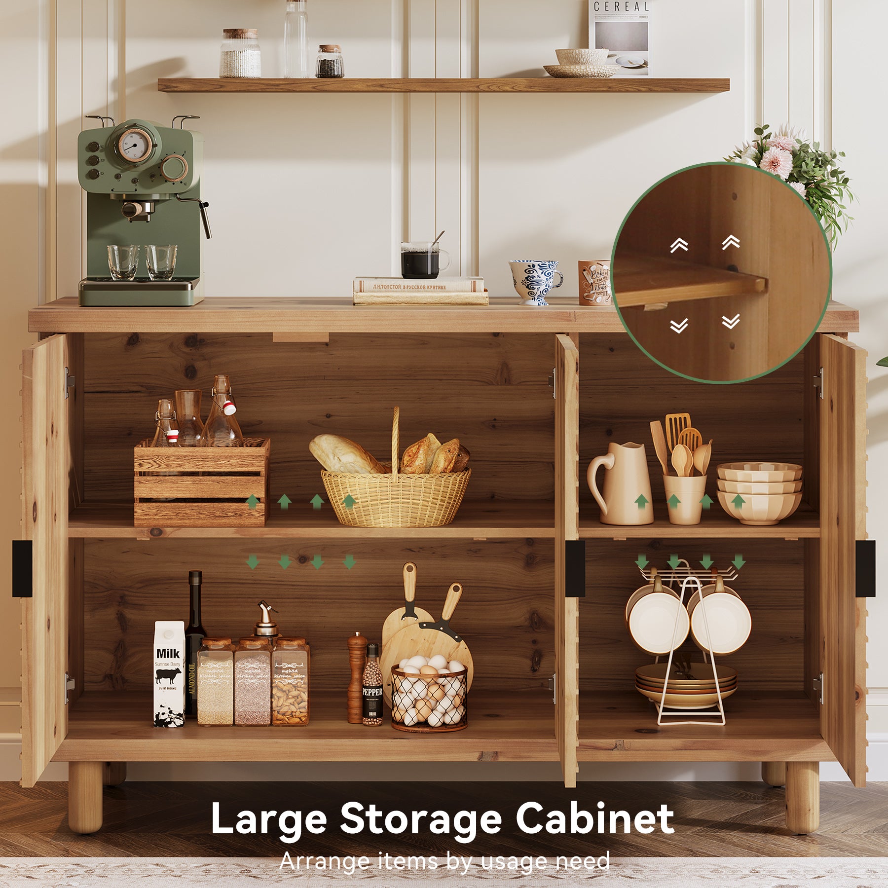 Wood Sideboard Buffet, Modern Kitchen Storage Cabinet with 2 Adjustable Shelves