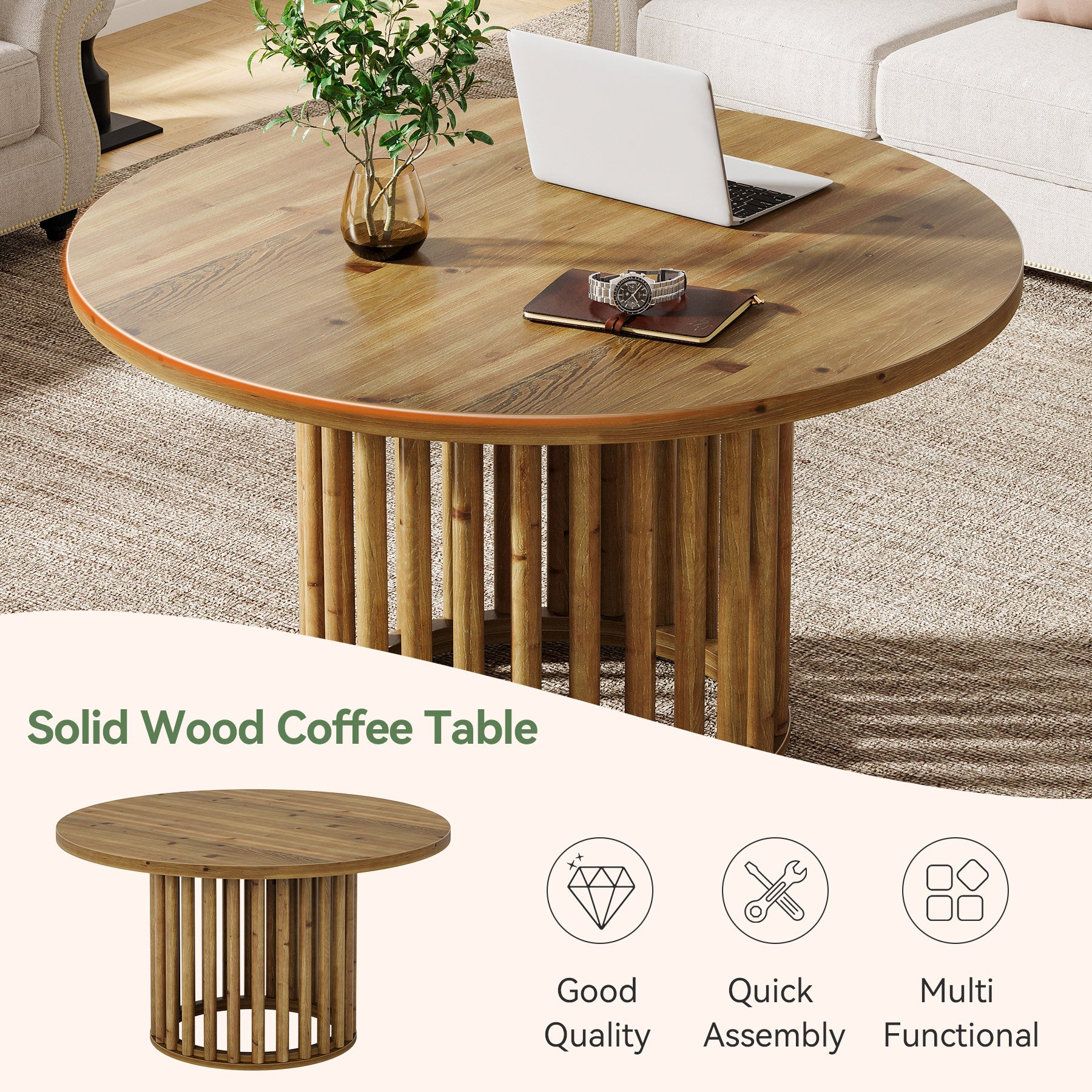 Solid Wood Round Coffee Table, 31.5" Center Tea Table with Cylindrical Hollow Base