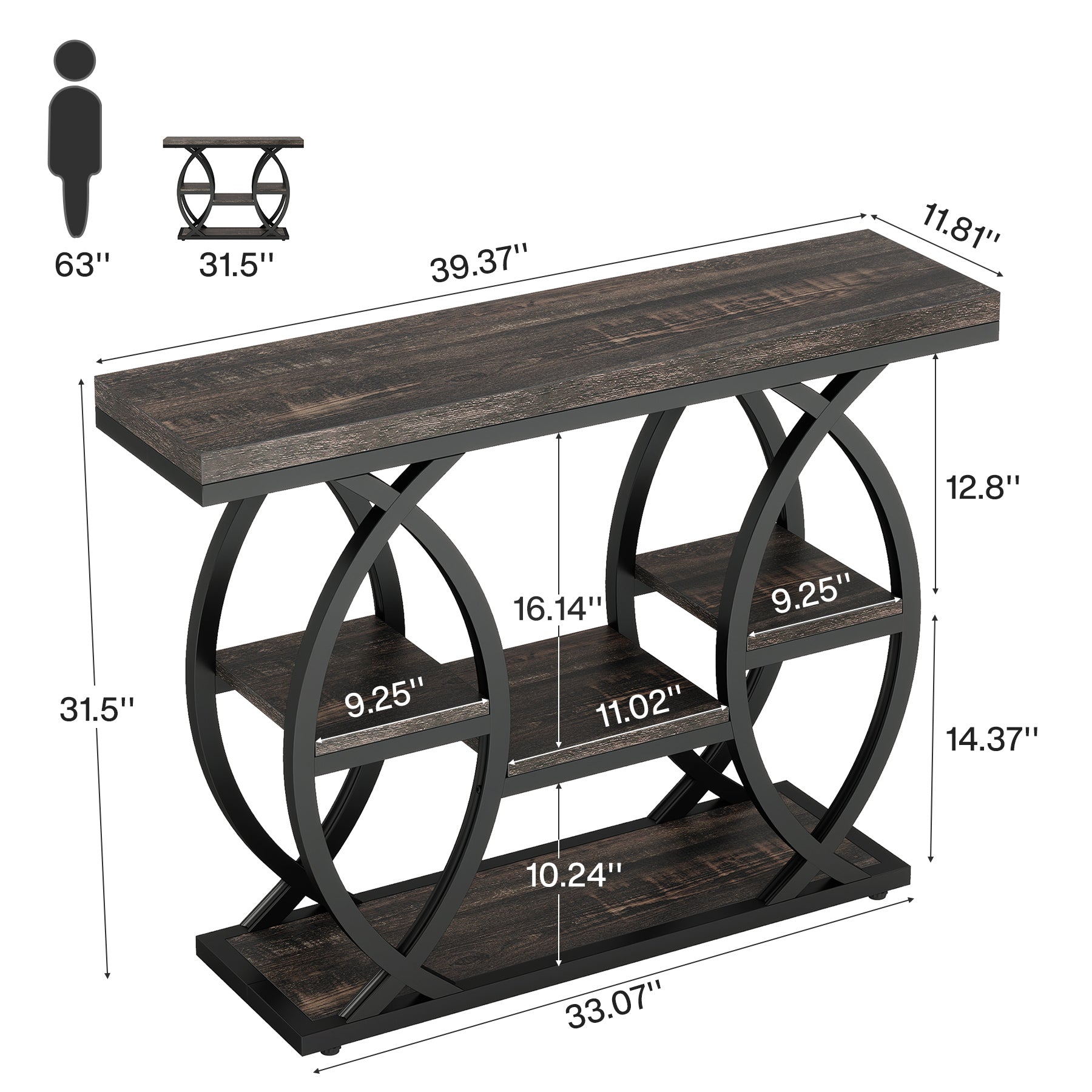 39.4" Console Table, Industrial 4-Tier Sofa Table Entryway Table with Storage Shelves
