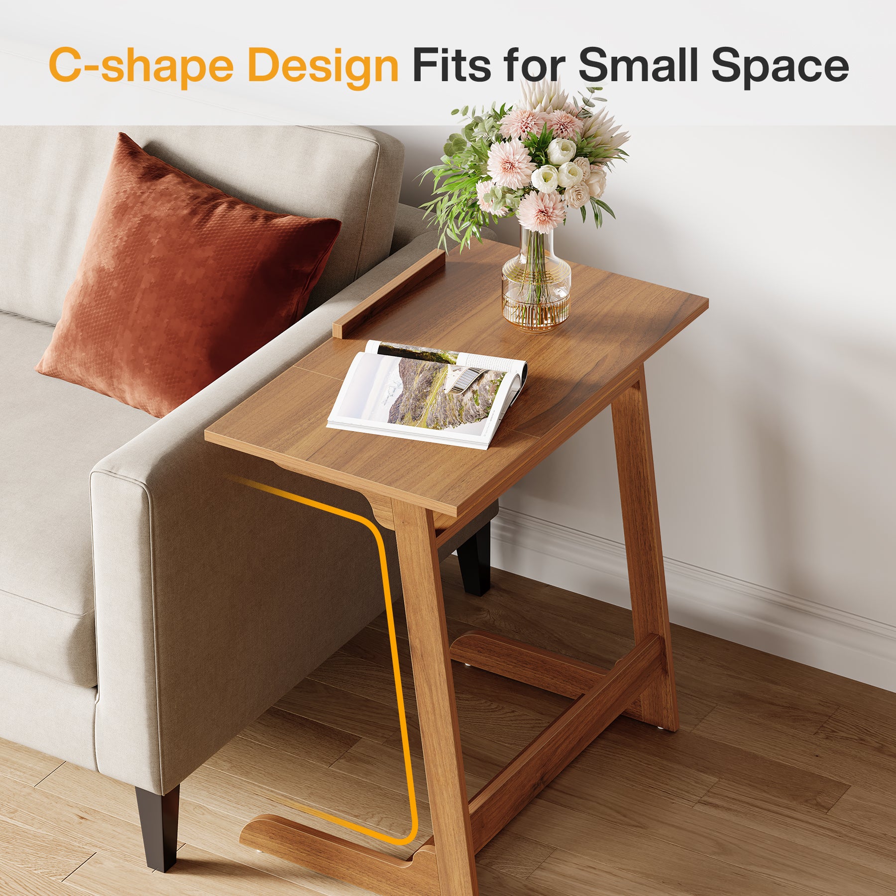 C-Shaped End Table, 25" Side Table With Tiltable Board For Living Room