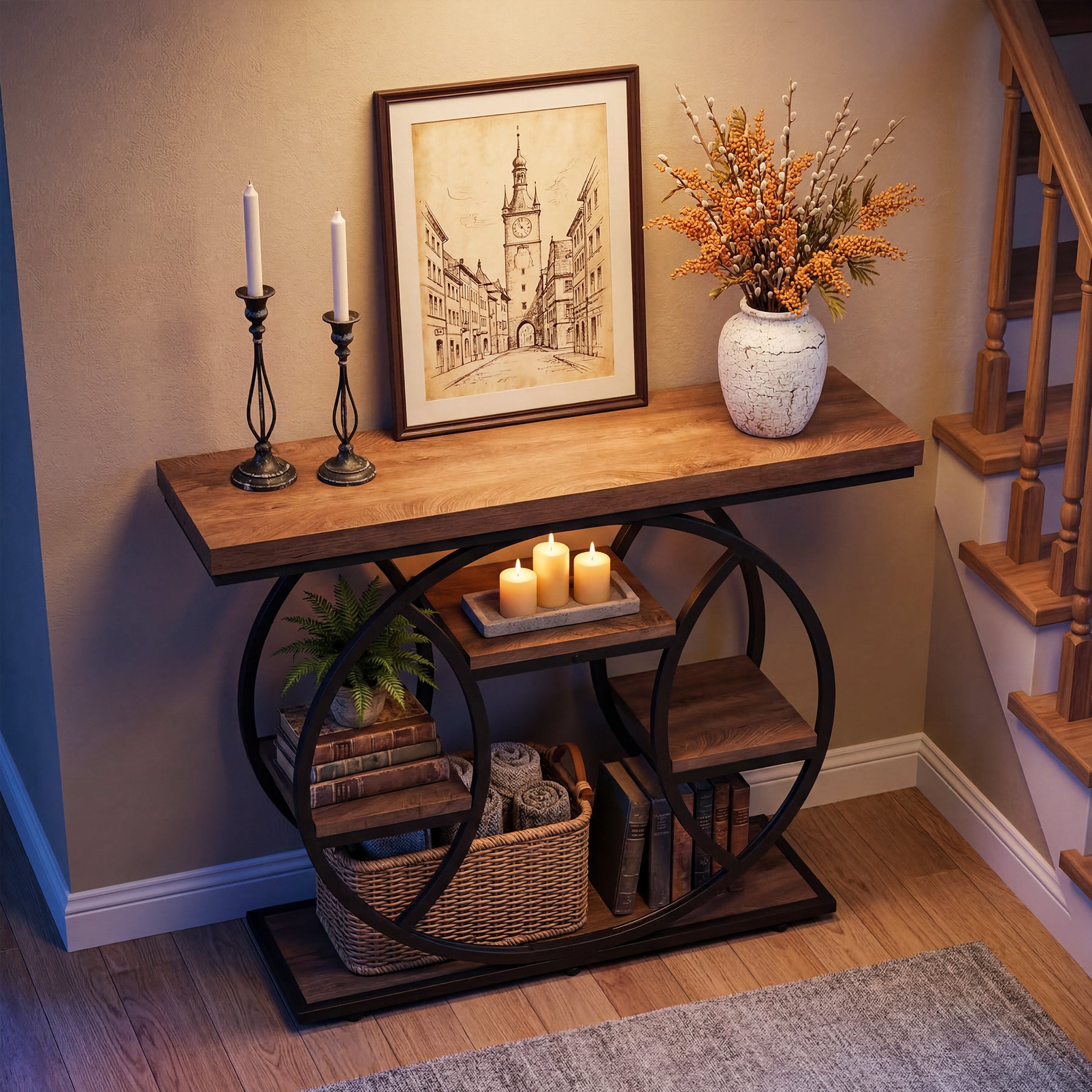 41.3" Industrial Console Table with 4-Tier Shelves – Circle Metal Frame Entryway Sofa Table